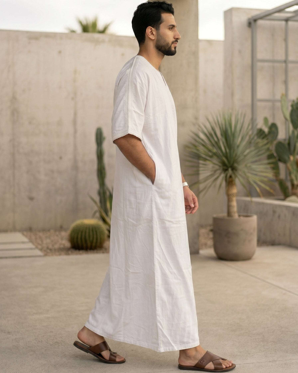 White Moroccan thobe with tone-on-tone embroidery for men, back view