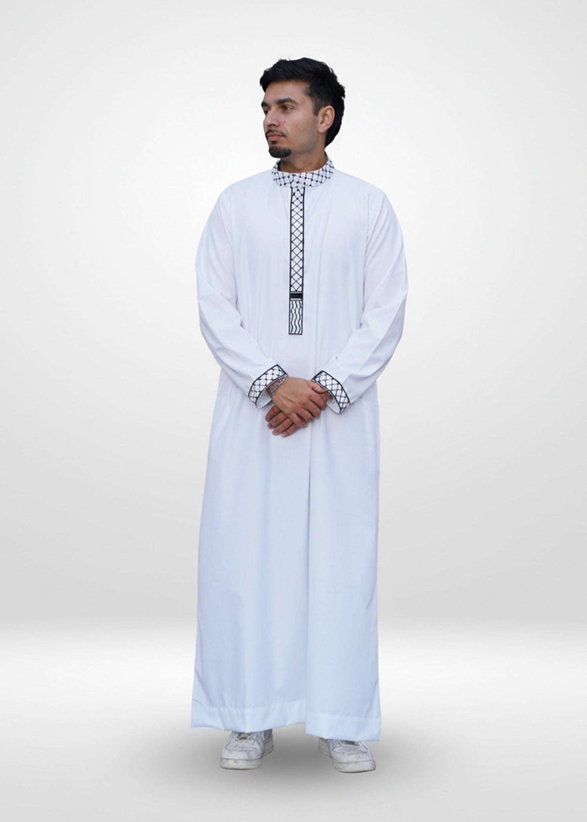 White Palestine embroidered thobe with Kufiya detailing for men, collar and button detail
