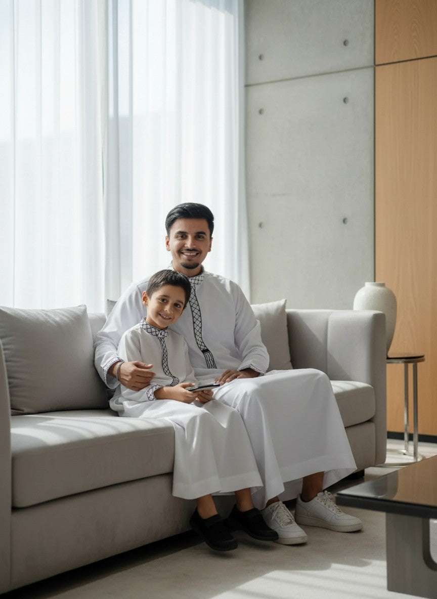 White Palestine Kufiya thobe for men and boys, father and son pair
