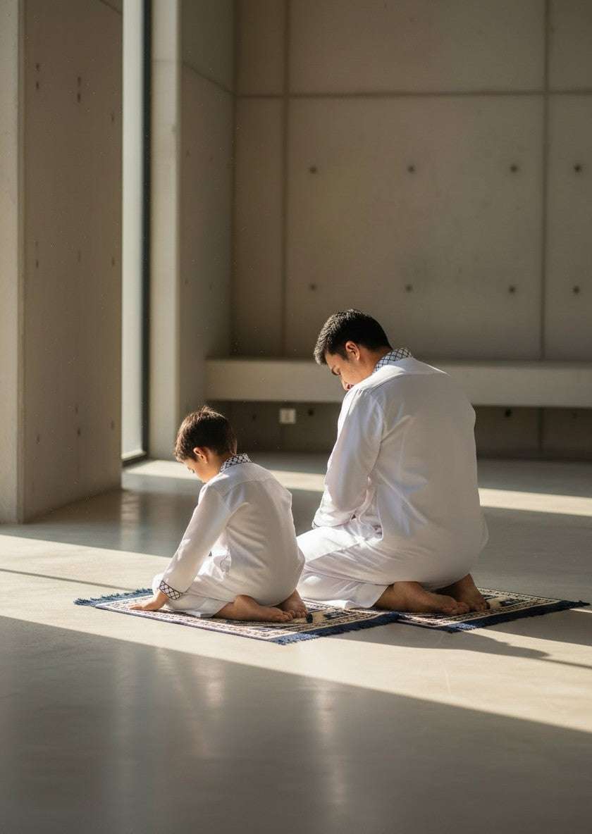 White Palestine Kufiya thobe for men and boys, showing the length and sleeve line