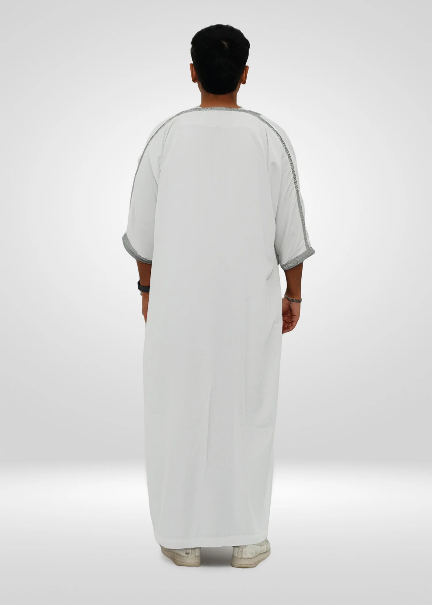 Back view of the White & Silver Moroccan Thobe highlighting the clean silhouette and bright fabric