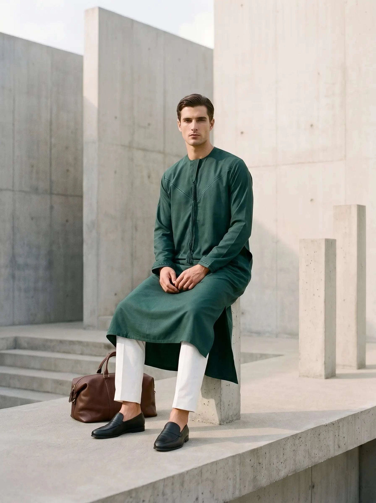 White thobe trouser for men, worn by a model outdoors