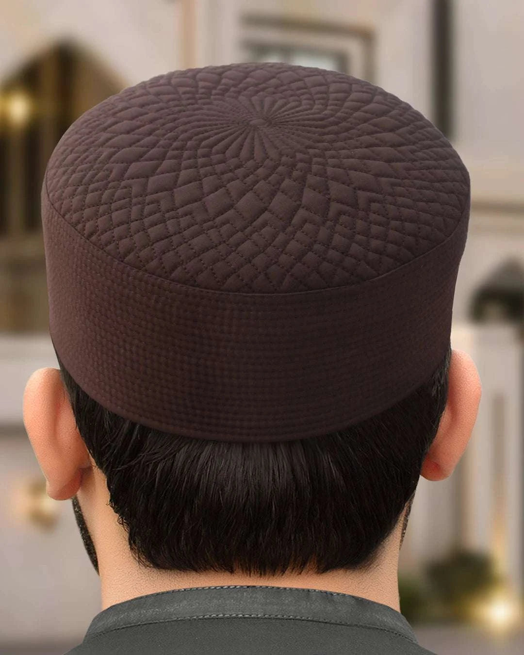 Chocolate brown radial quilt kufi prayer cap for men, an everyday Sunnah essential