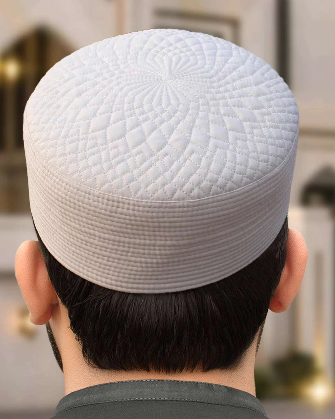 Off white radial quilt kufi prayer cap for men, worn for salah and Eid