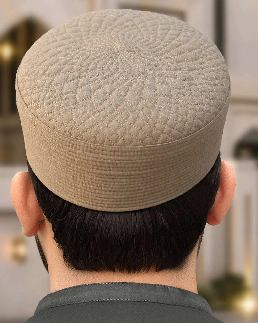 Rocky ridge radial quilt kufi prayer cap for men, shown from the front