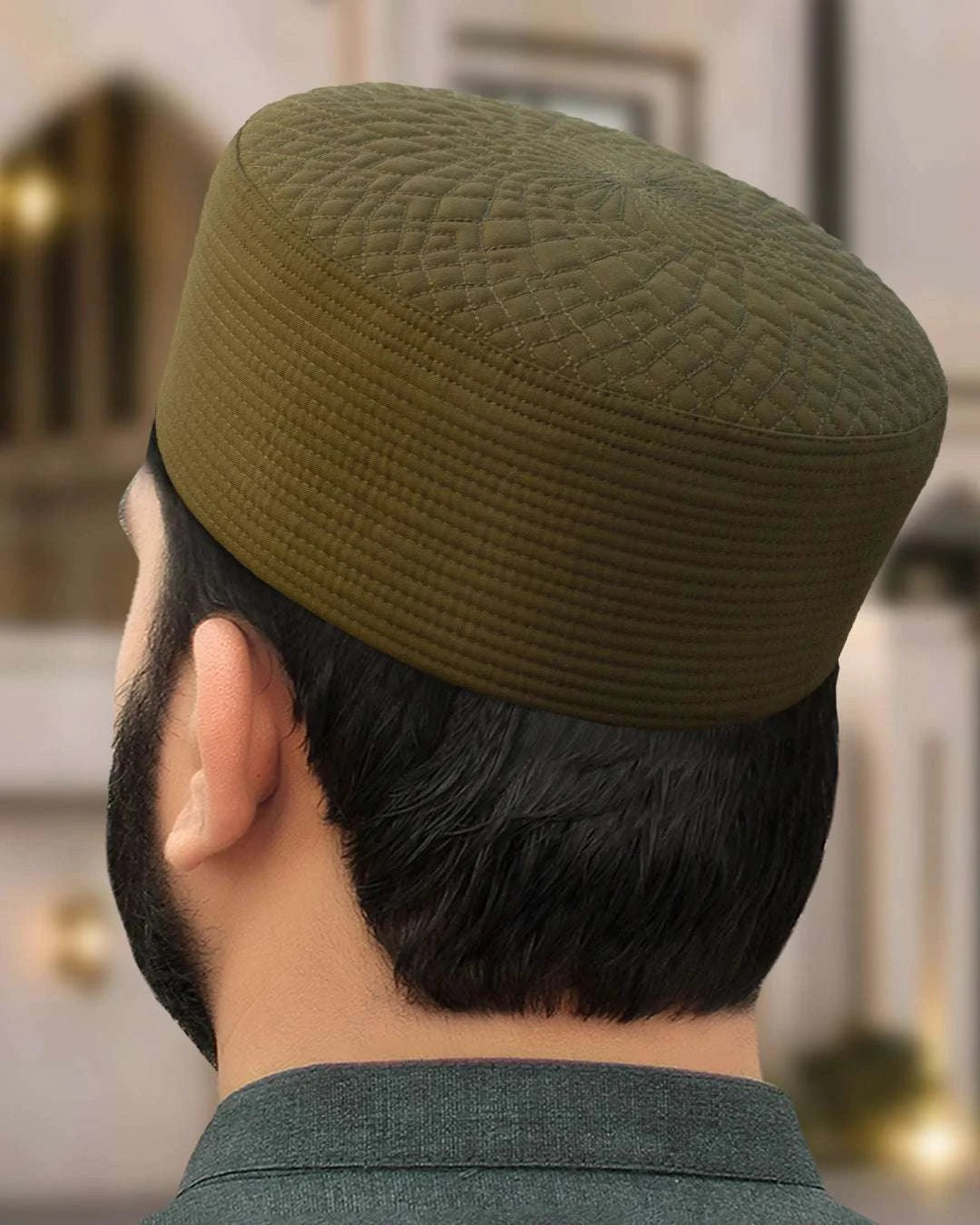 Smoky ash radial quilt kufi prayer cap for men, styled for Eid and Jumuah