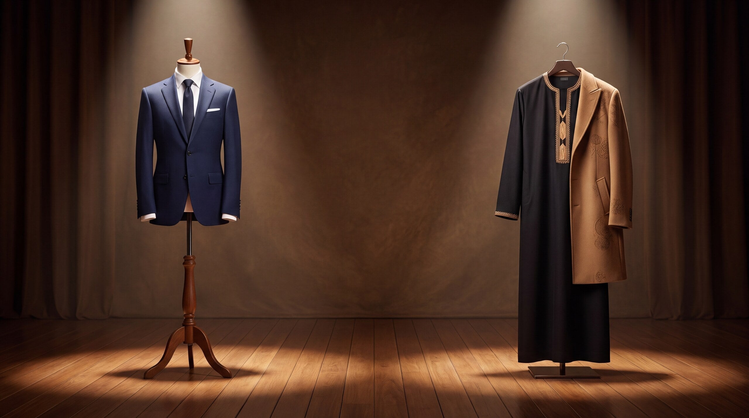 Black thobe styled next to a navy suit for formal events
