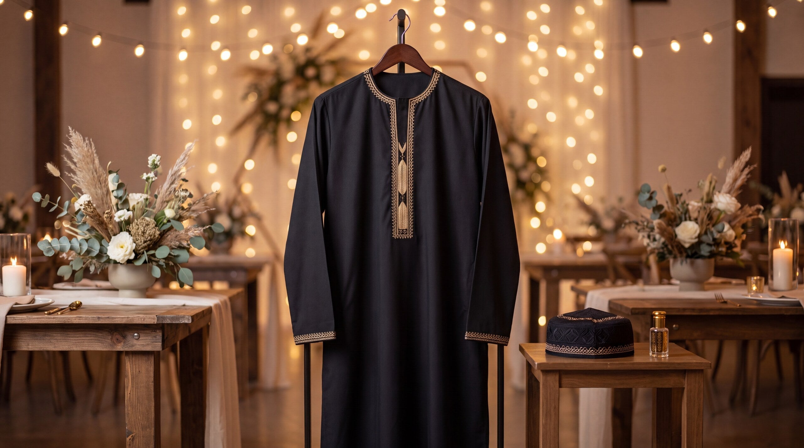 Black thobe displayed on a garment stand