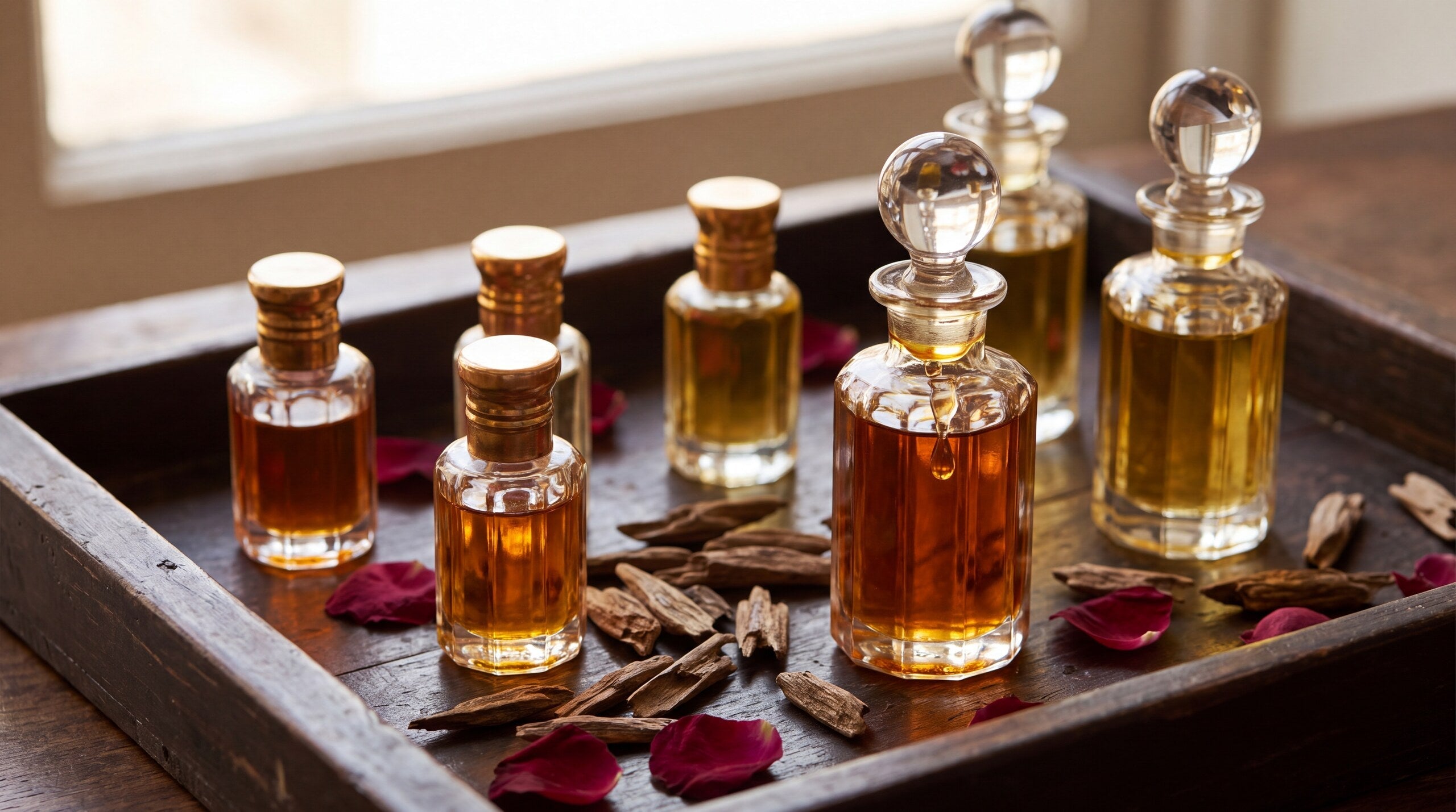 Alcohol-free attar bottles on a wooden tray