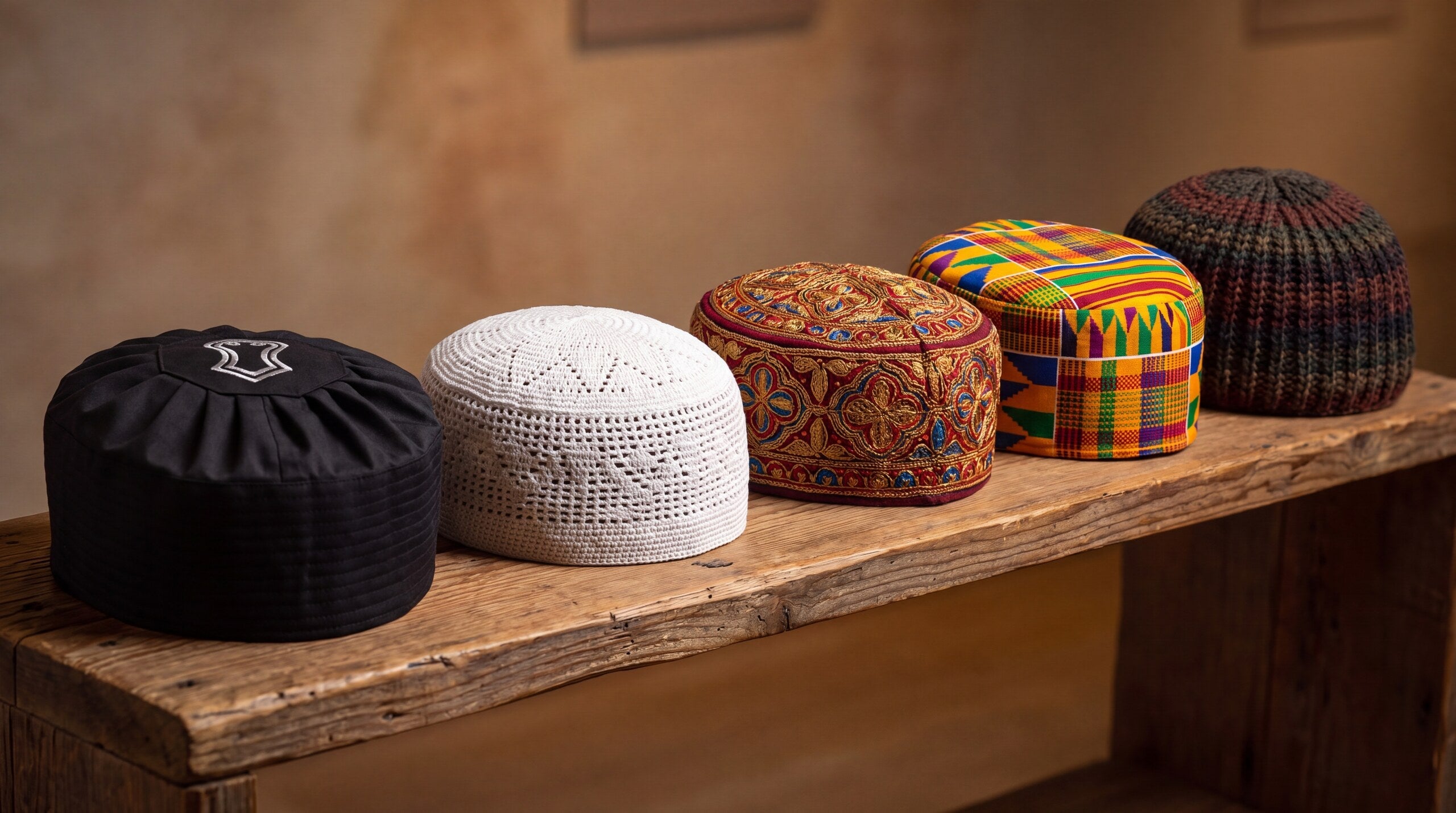 Various kufi styles displayed on shelves