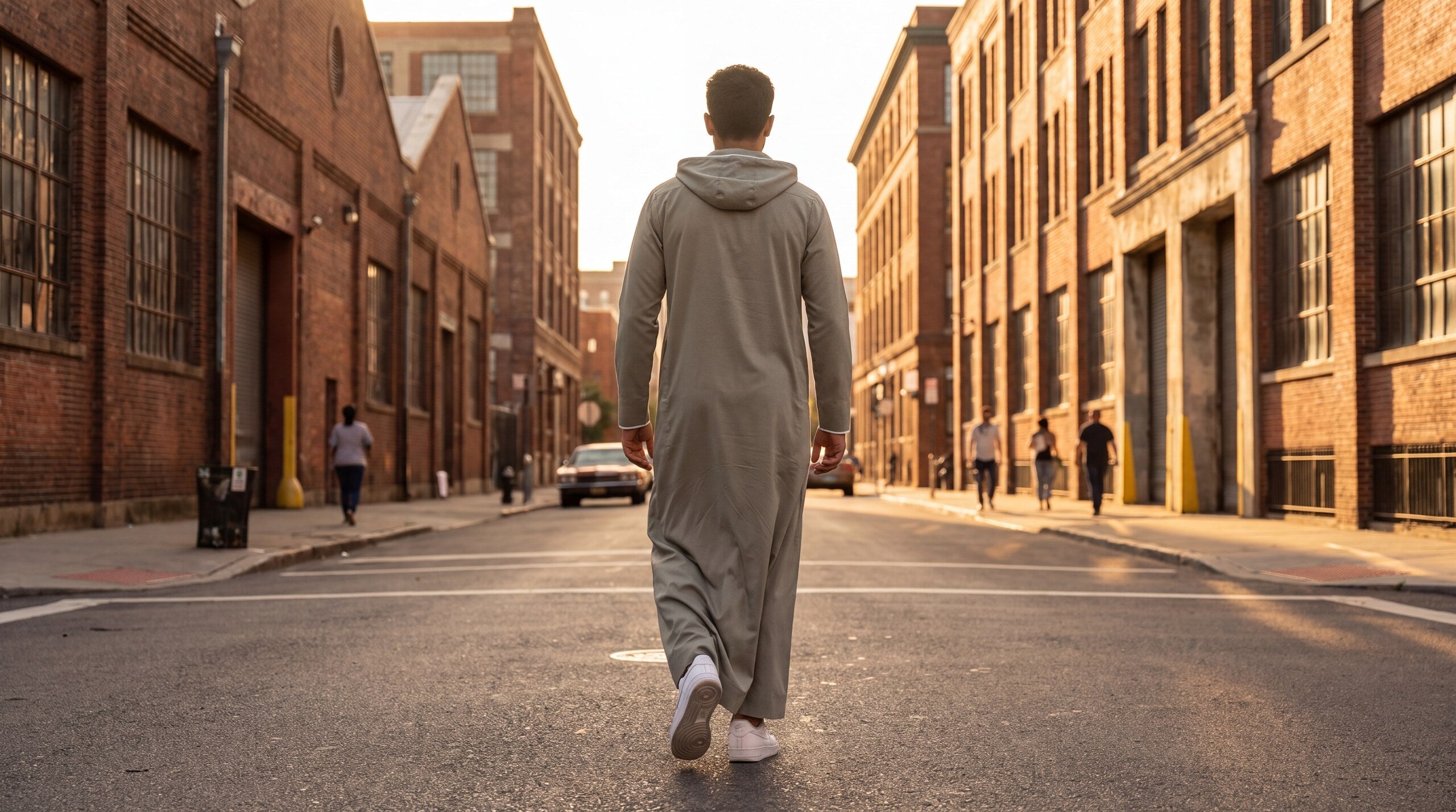 Man in a hooded thobe crossing an urban street