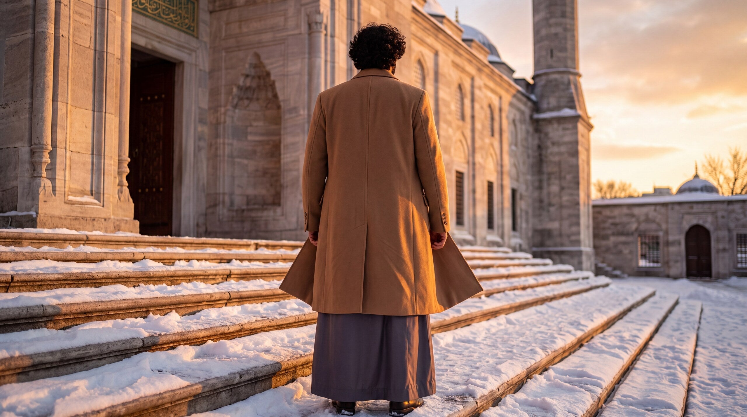 Man wearing a Turkish coat over his thobe on steps
