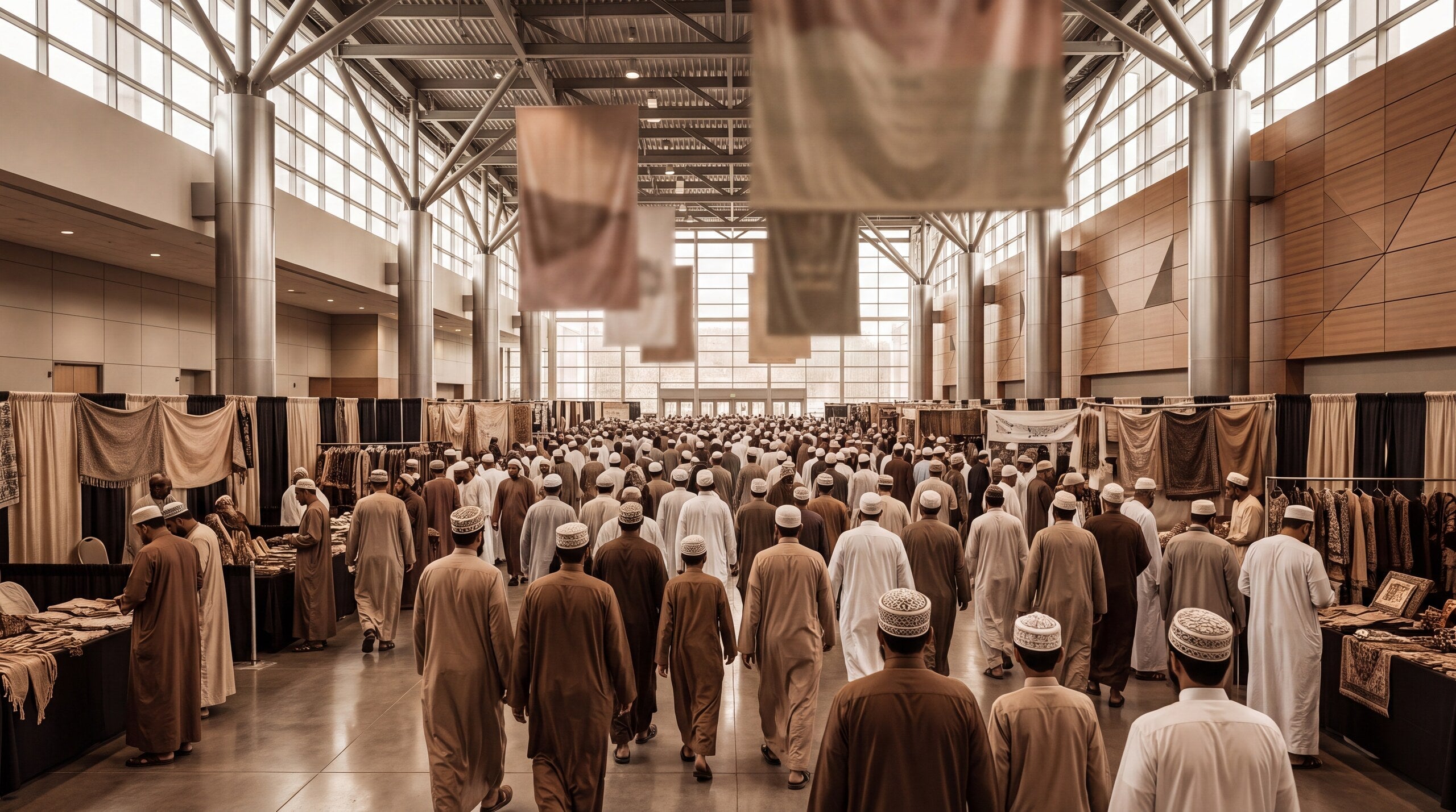 Men in thobes walking through a convention hall
