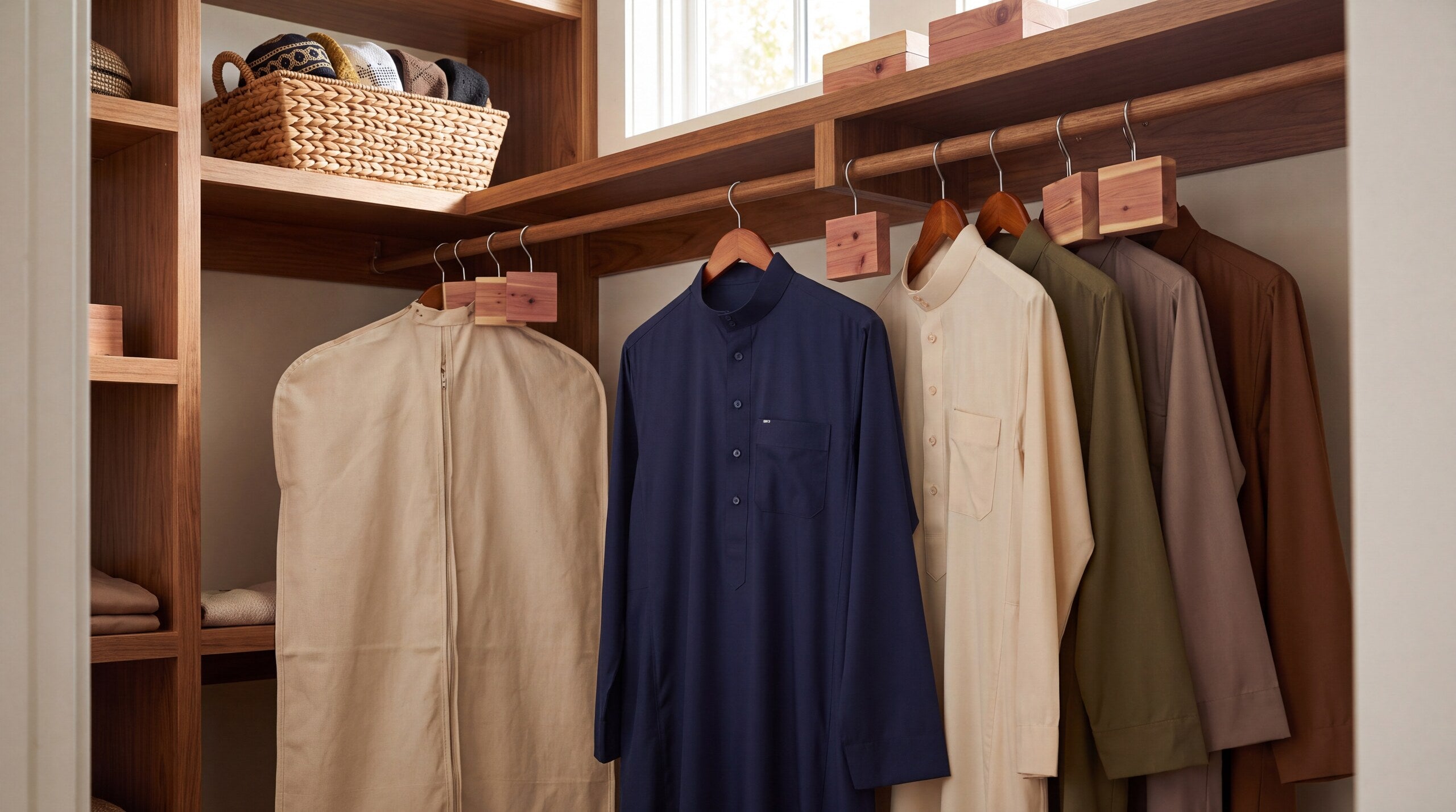Organized closet with thobes hung and folded