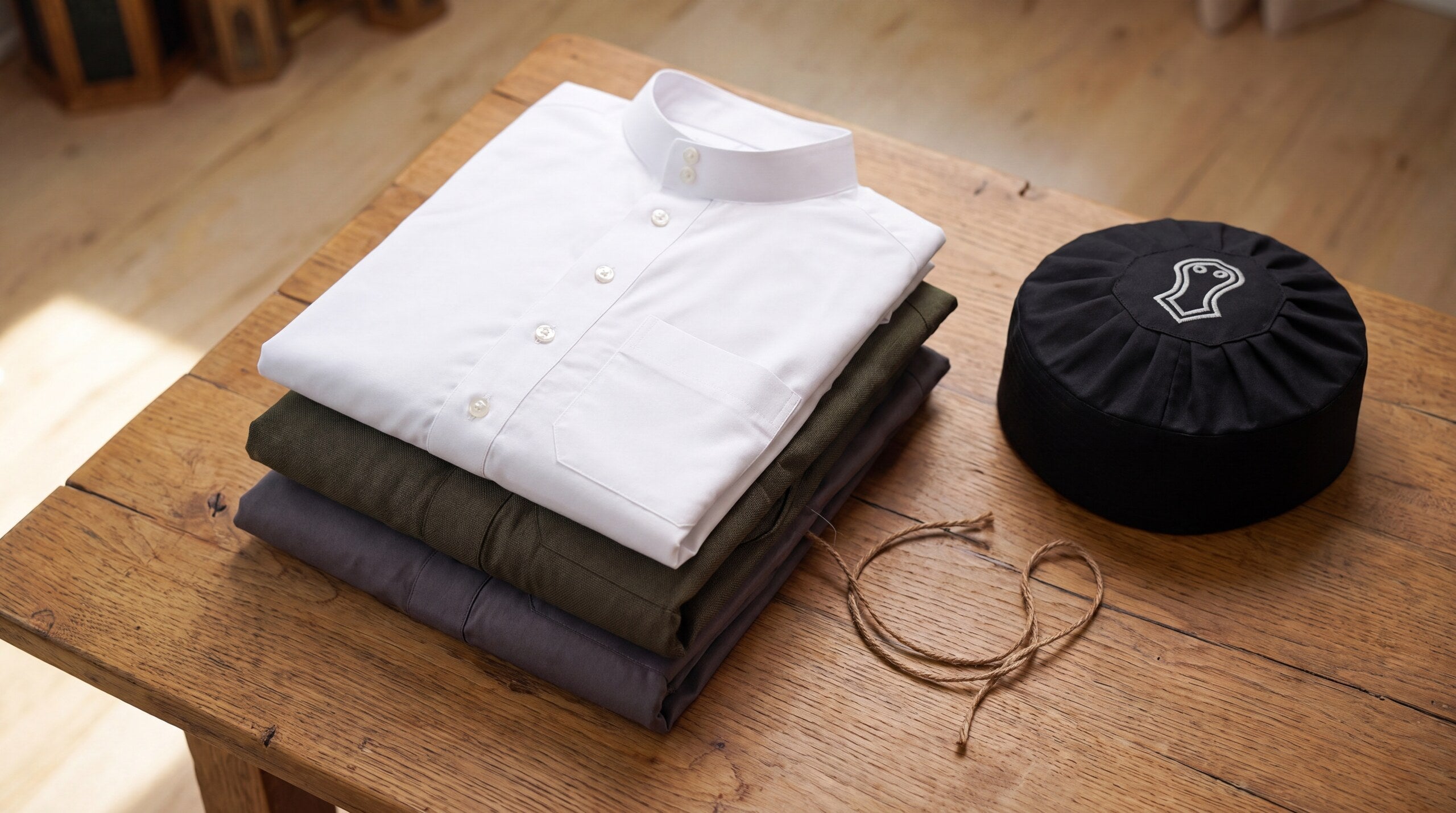 Stacked Emirati-style thobes with a kufi