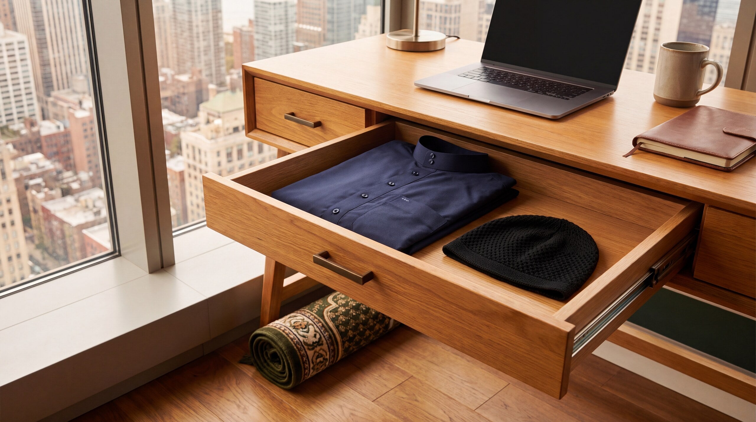 Thobe folded on an office desk