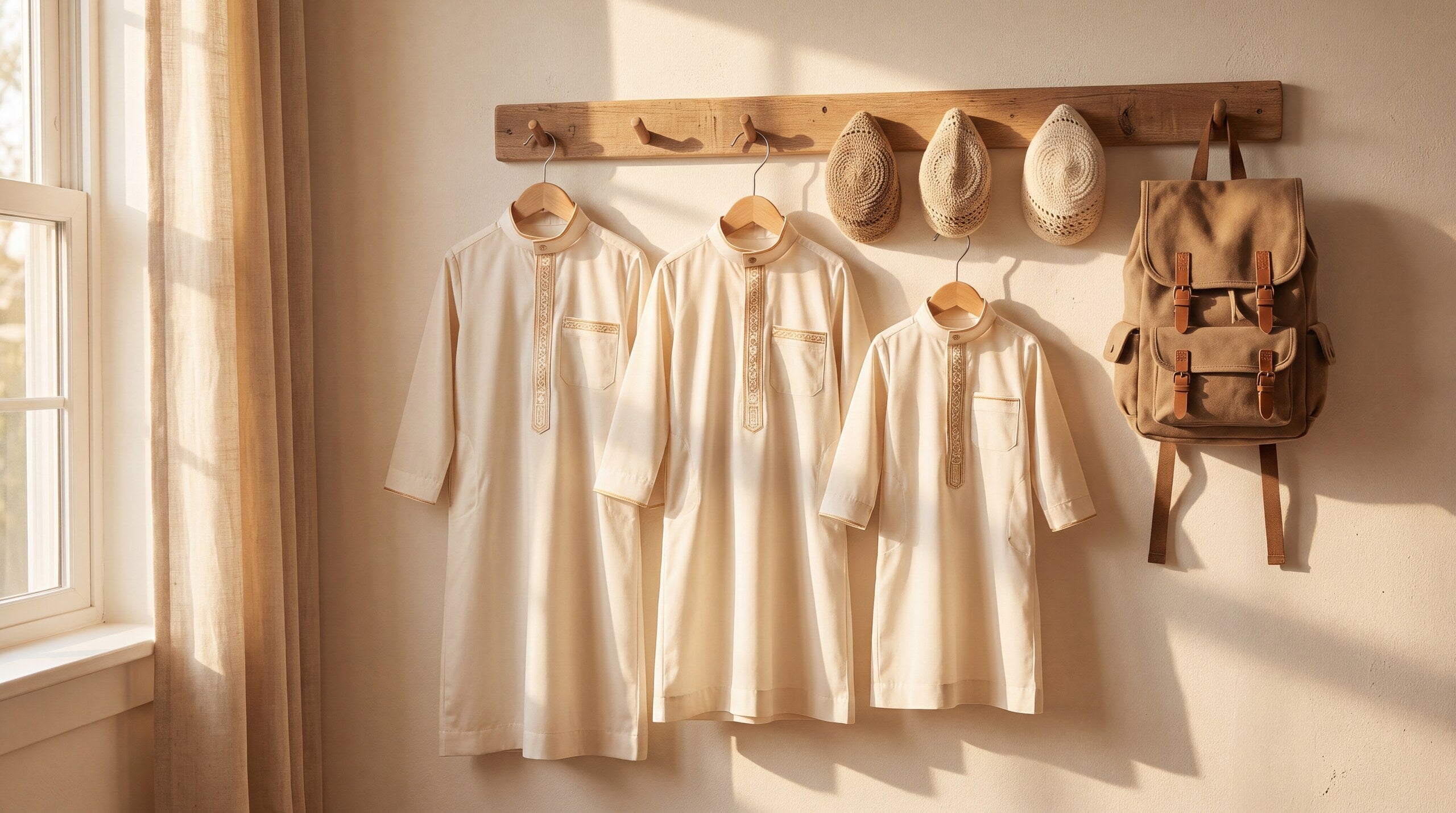 Three boys' thobes hanging, dressed for Aqiqah and Eid