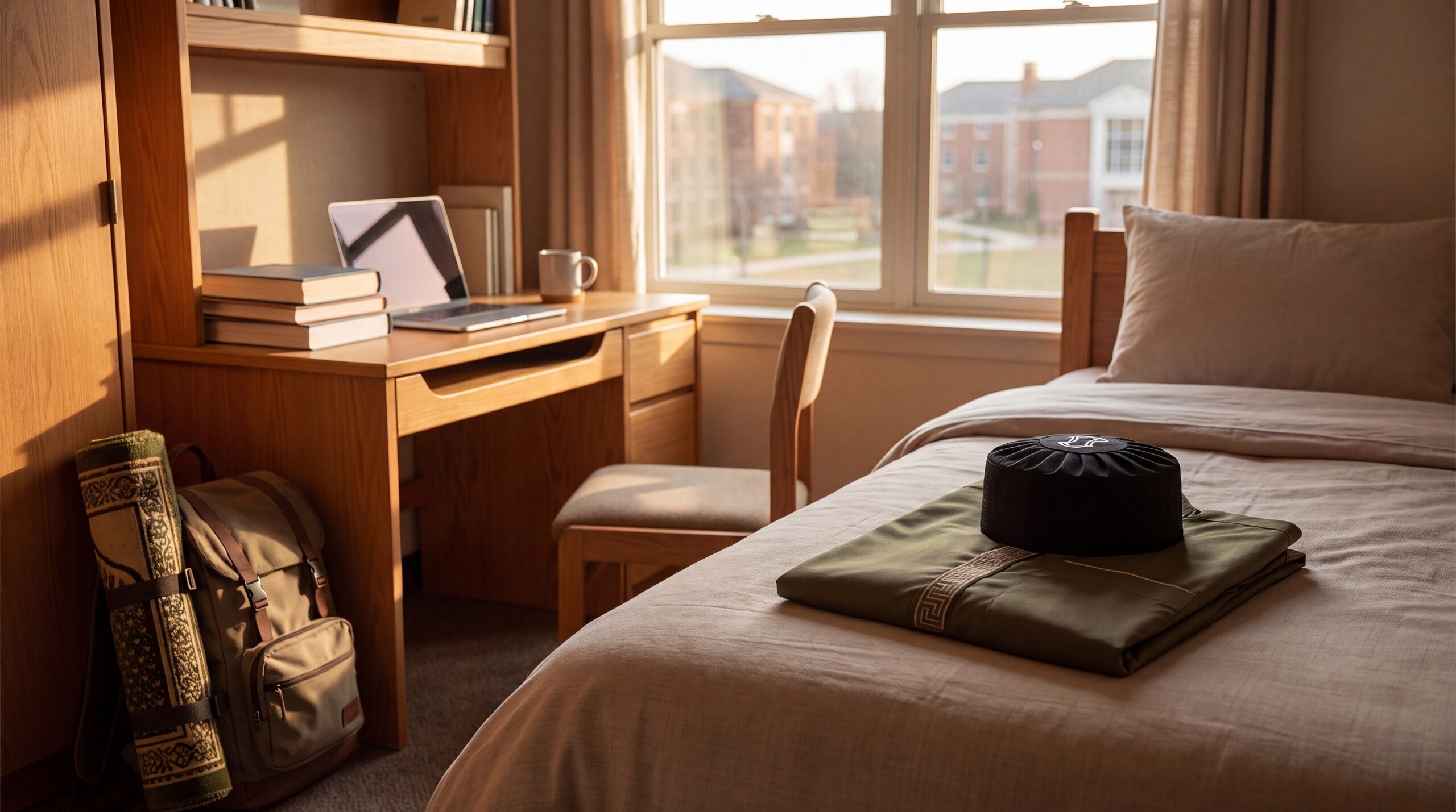 University dorm room with a thobe, Muslim college freshman