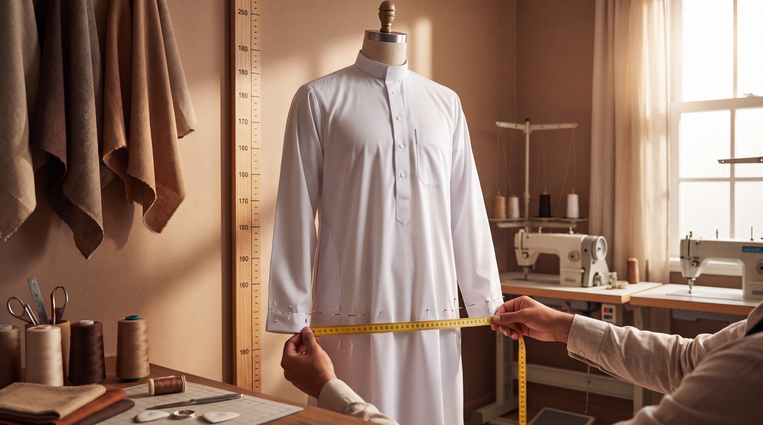 White thobe on a fitting mannequin for measuring guide