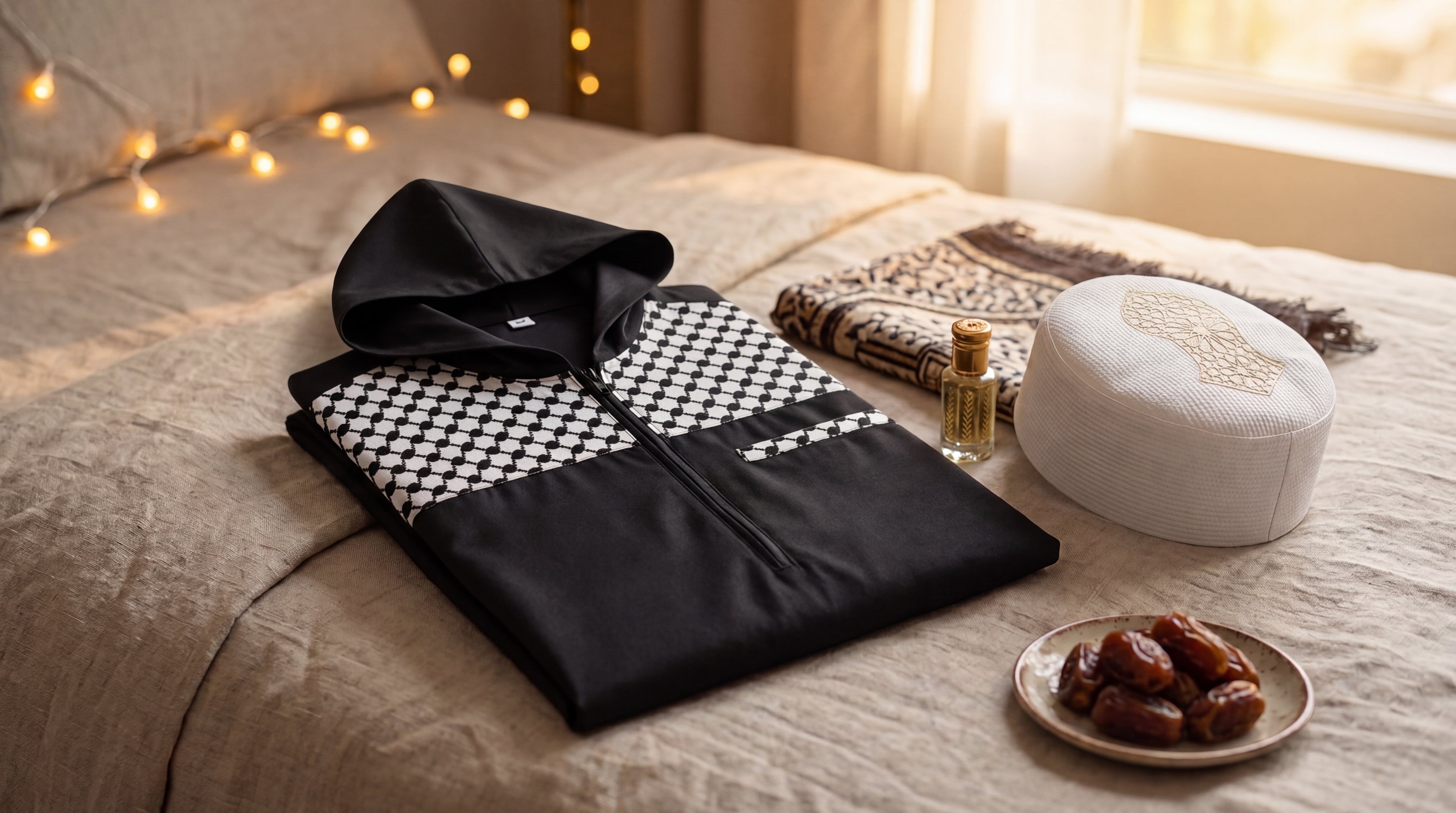 Eid al-Fitr 2027 men's outfit laid out — black embroidered thobe with mandarin collar, embroidered kufi and attar bottle with prayer mat and dates — Eid outfit guide for men, Islamic clothing USA by The Topi Wala
