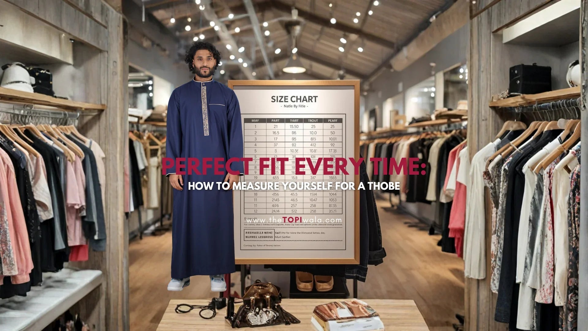 Promotional graphic by The Topi Wala showing a man in a clothing store beside a thobe size chart, with text explaining how to measure yourself for a perfect fit.