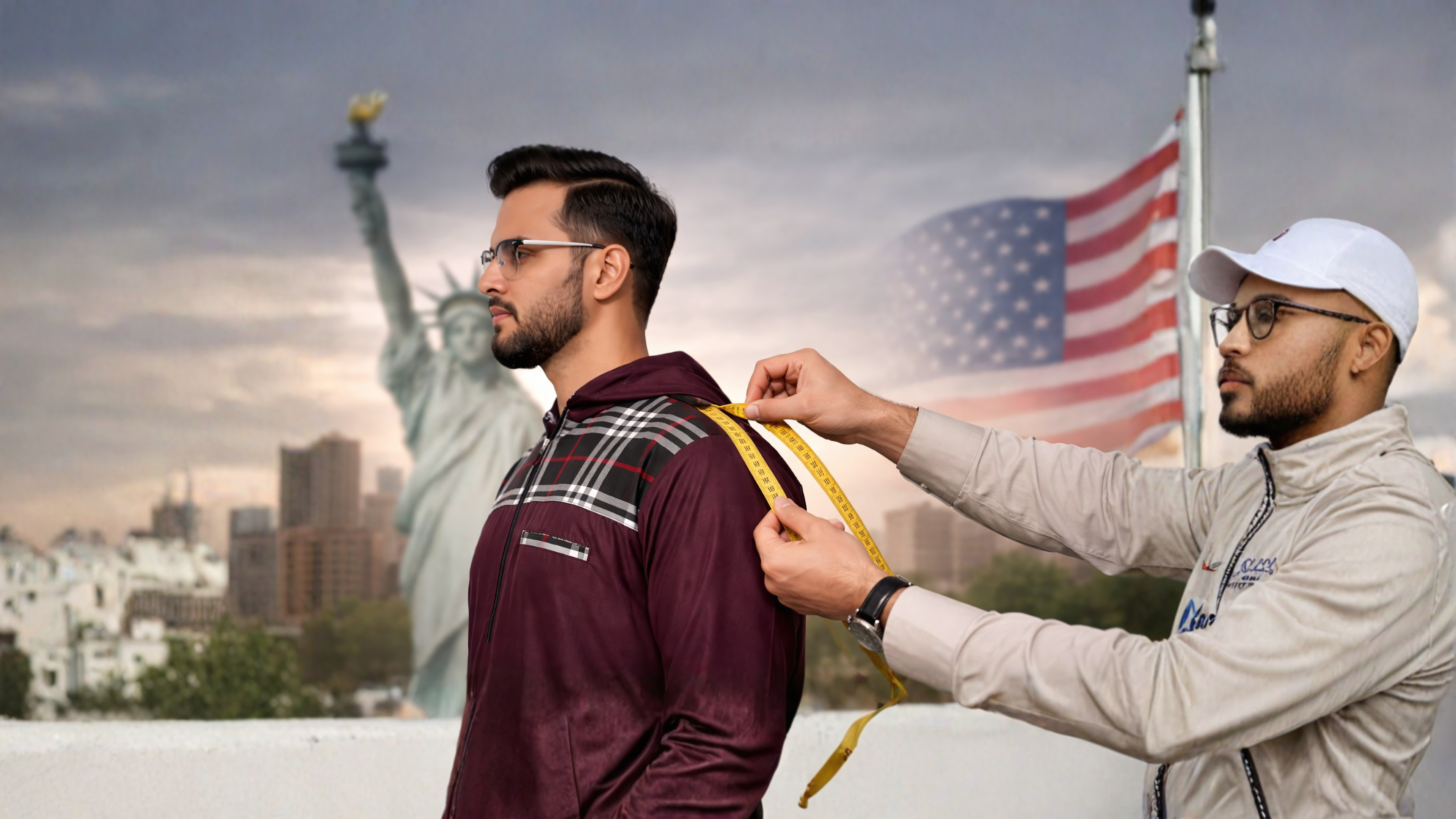 Man measuring shoulder for thobe sizing guide in the USA by TheTopiWala, featuring men and kids jubbah, burda style thobes with free shipping.