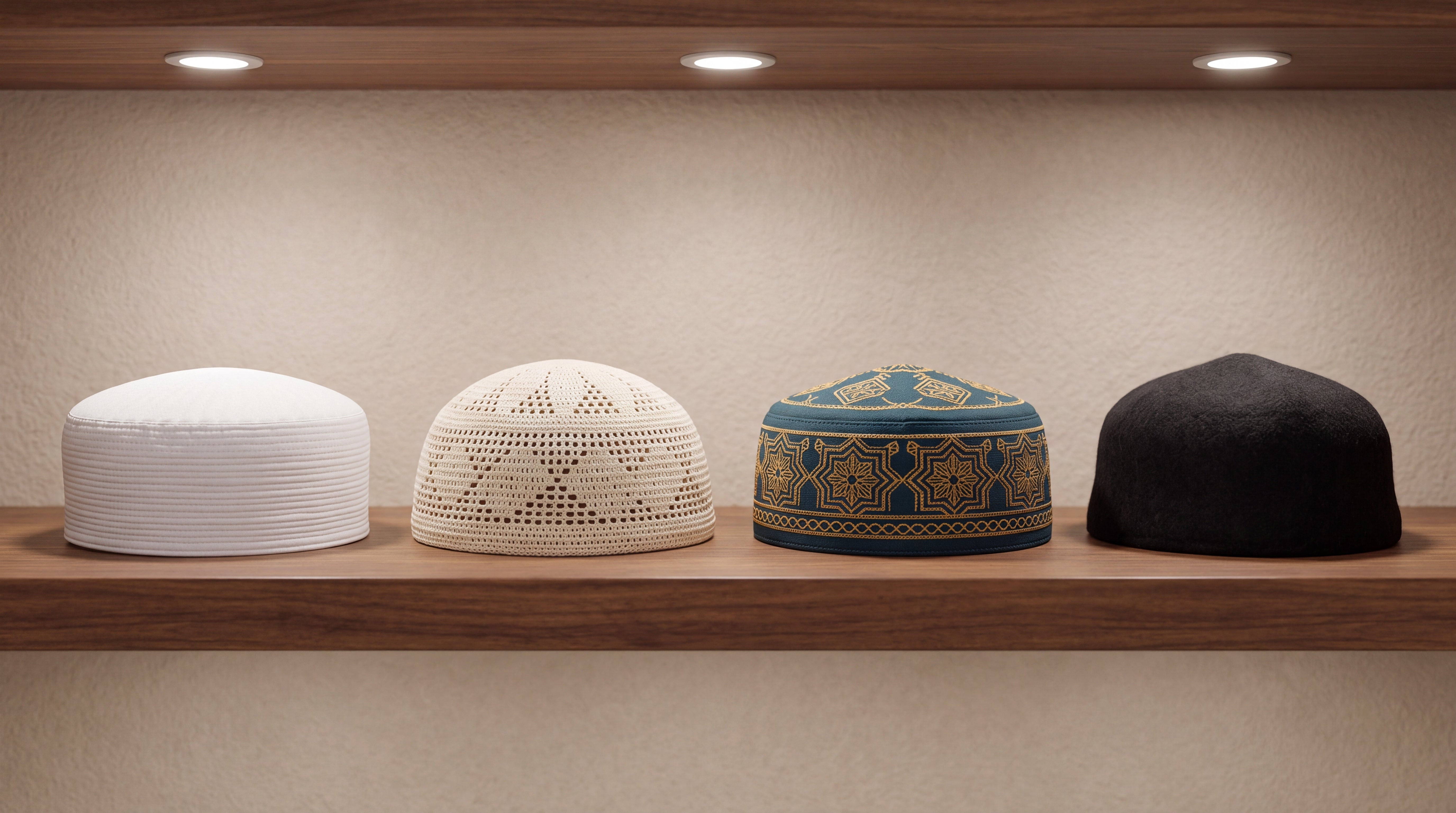 Four Muslim prayer cap styles displayed on a wooden shelf — crocheted kufi, embroidered topi, taqiyah and quilted cap — kufi vs taqiyah vs topi differences, men's Islamic headwear USA by The Topi Wala