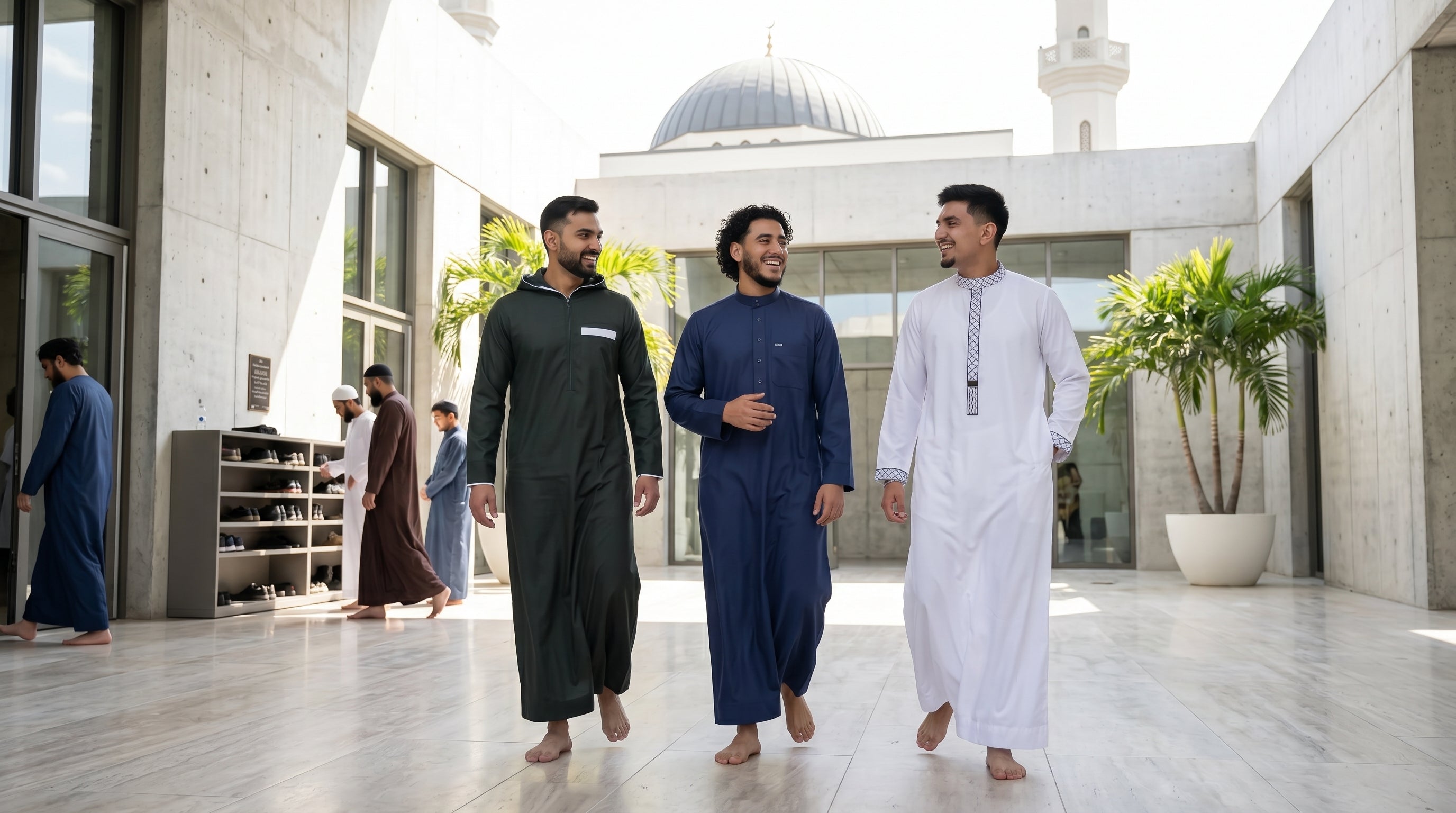 A confident Muslim man wearing a premium formal embroidered thobe from The Topiwala, showcasing elegant Sunnah style and the perfect outfit for Friday Jumu'ah prayers.