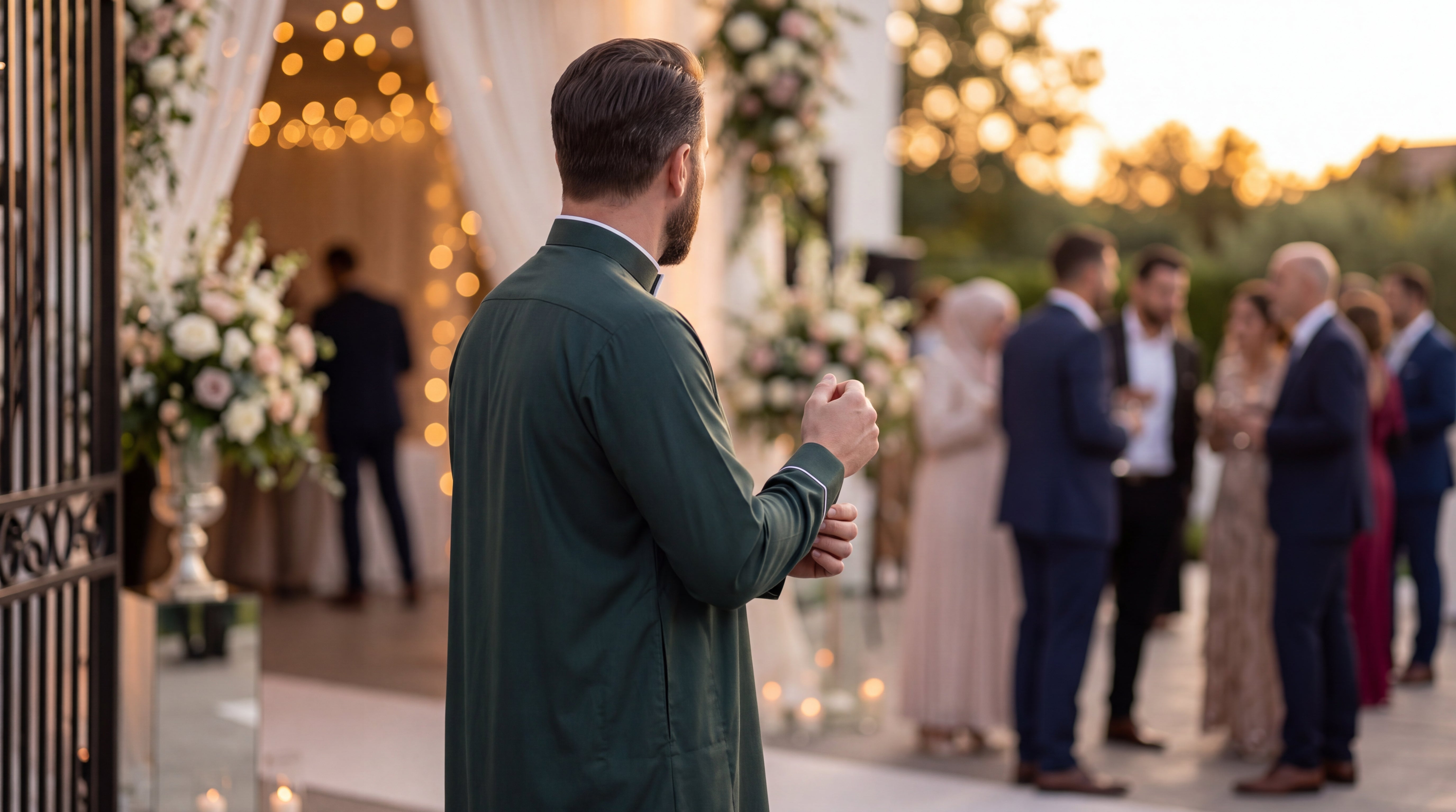 Muslim man wearing an emerald green embroidered thobe jubba as a wedding guest outfit at a nikah walima venue with warm lights — what to wear to a Muslim wedding, men's formal Islamic clothing USA by The Topi Wala