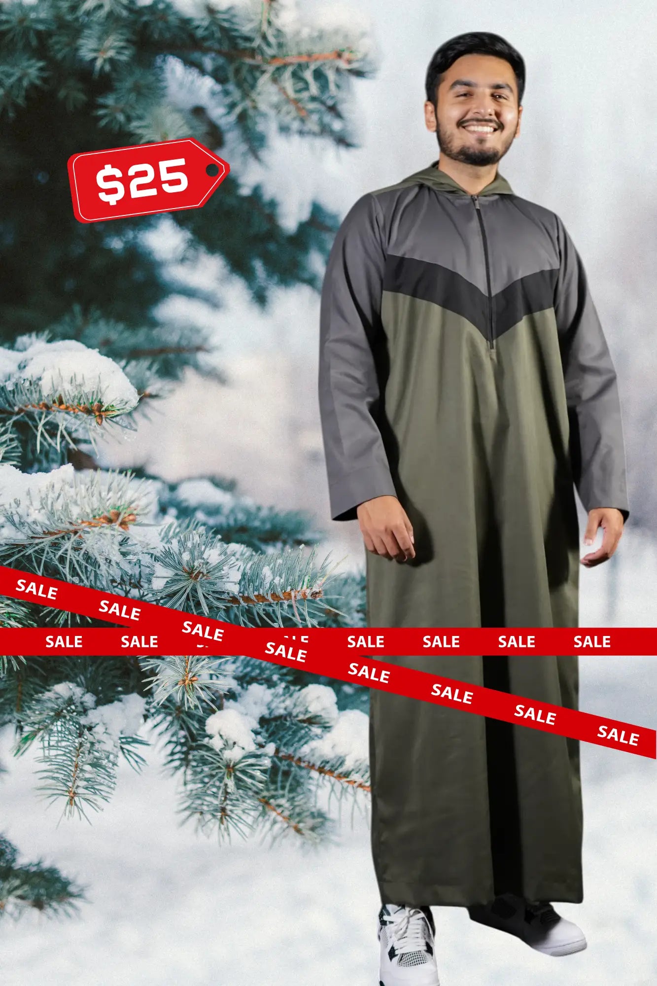 Adult Winter Thobe on Sale for $25. High-quality, stylish, and warm winter thobe featured with a snowy background. Limited-time offer from TheTopiWala.com.