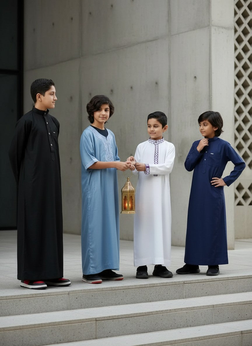 Four young Muslim boys outdoors showcasing diverse premium kids' thobes—including black formal, light blue Moroccan, white embroidered, and navy styles. Two boys hold a decorative lantern, highlighting elegant modest children's apparel and Eid outfits.