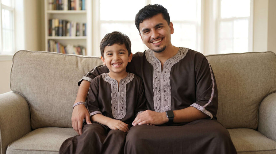 Father and son in matching espresso brown Moroccan thobes, shop matching sets