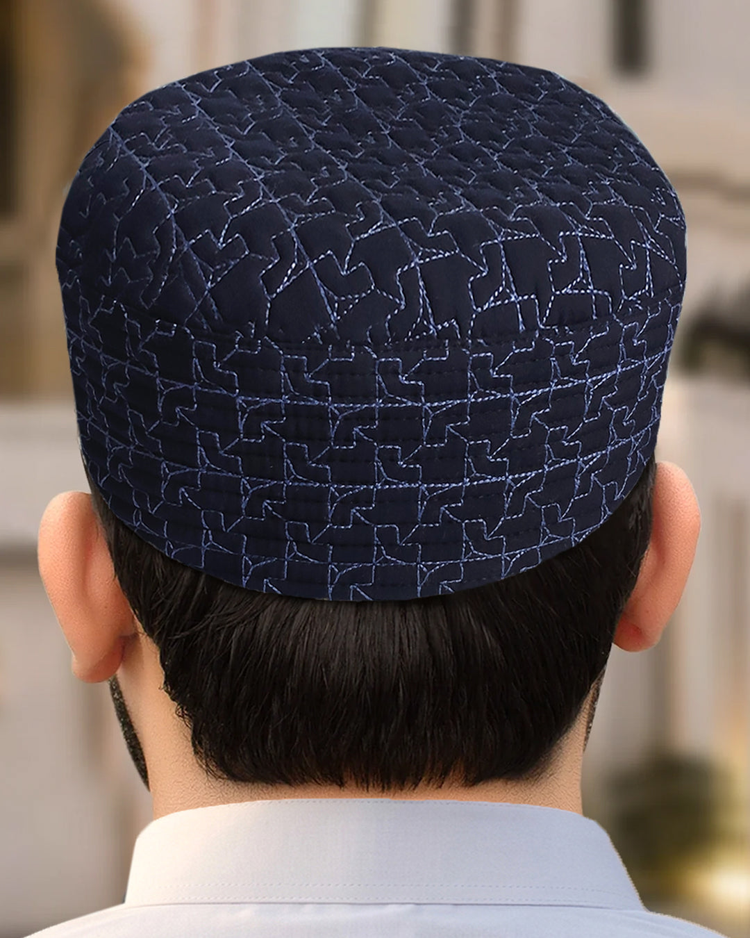 Men's Geometric Embroidered Kufi Topi – Silver Thread Cap