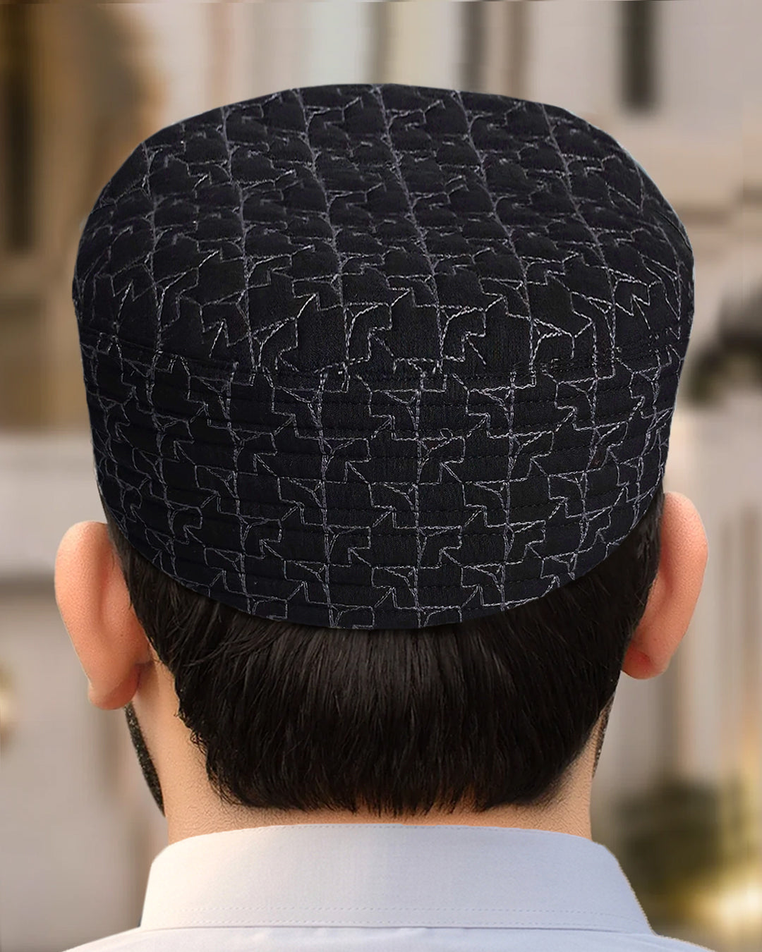 Men's Geometric Embroidered Kufi Topi – Silver Thread Cap