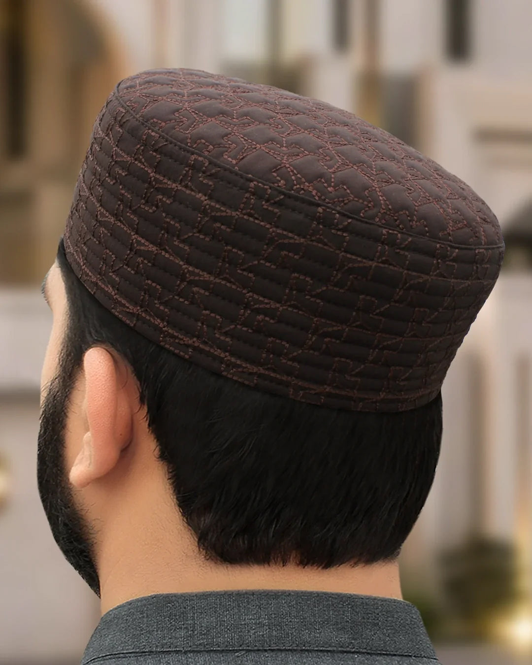 Men's Geometric Embroidered Kufi Topi – Silver Thread Cap
