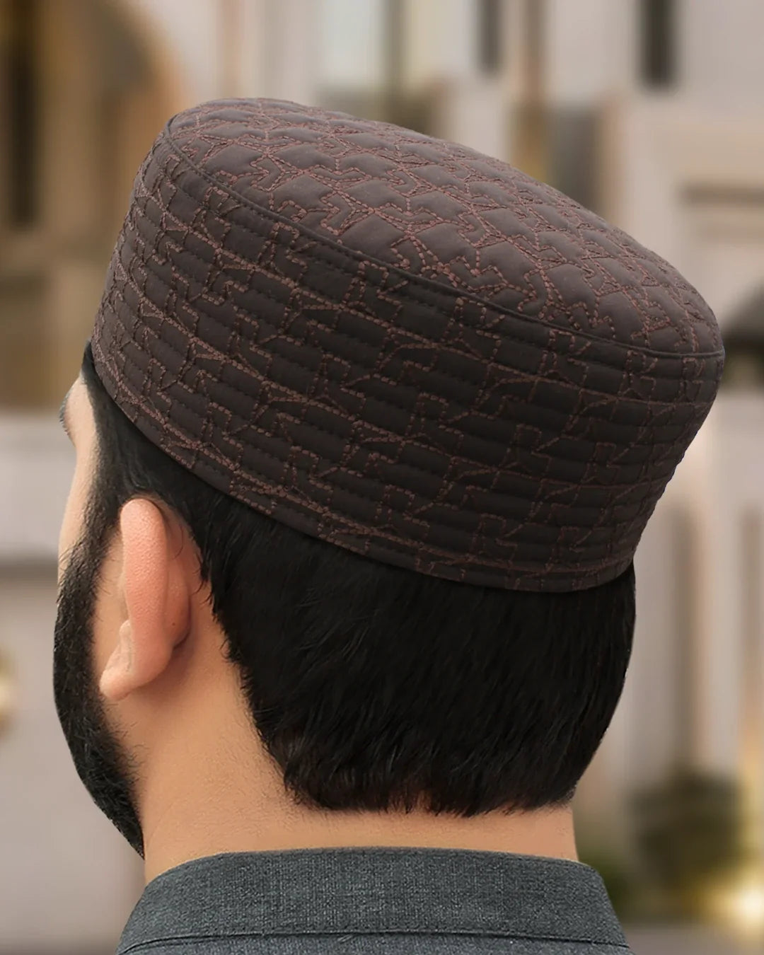 Men's Geometric Embroidered Kufi Topi – Silver Thread Cap