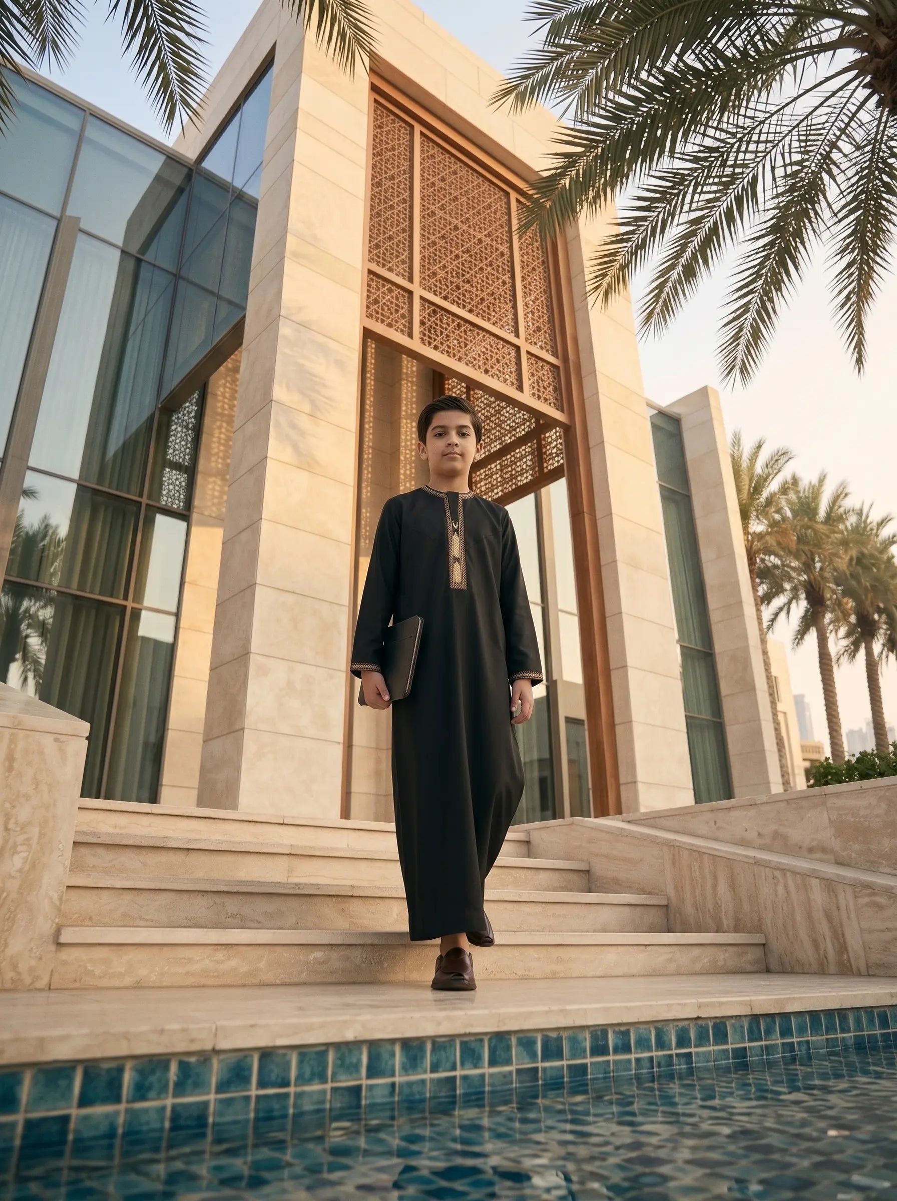 Premium Black Emirati Thobe for Kids with Tarboush