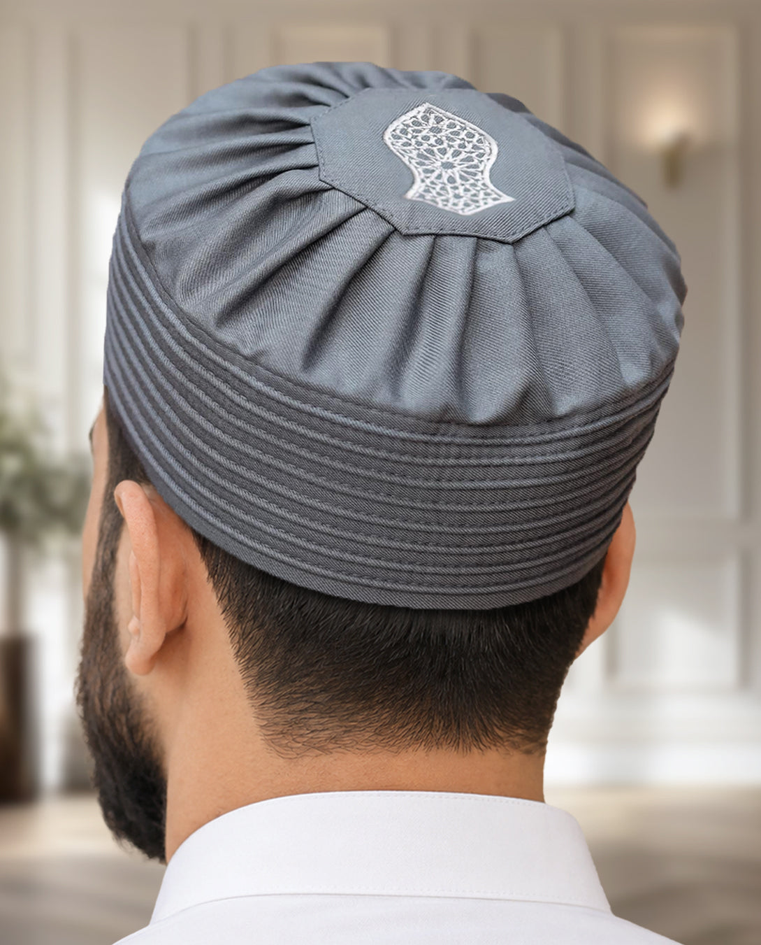 Men's Pleated Kufi Topi – Embroidered Emblem Cap