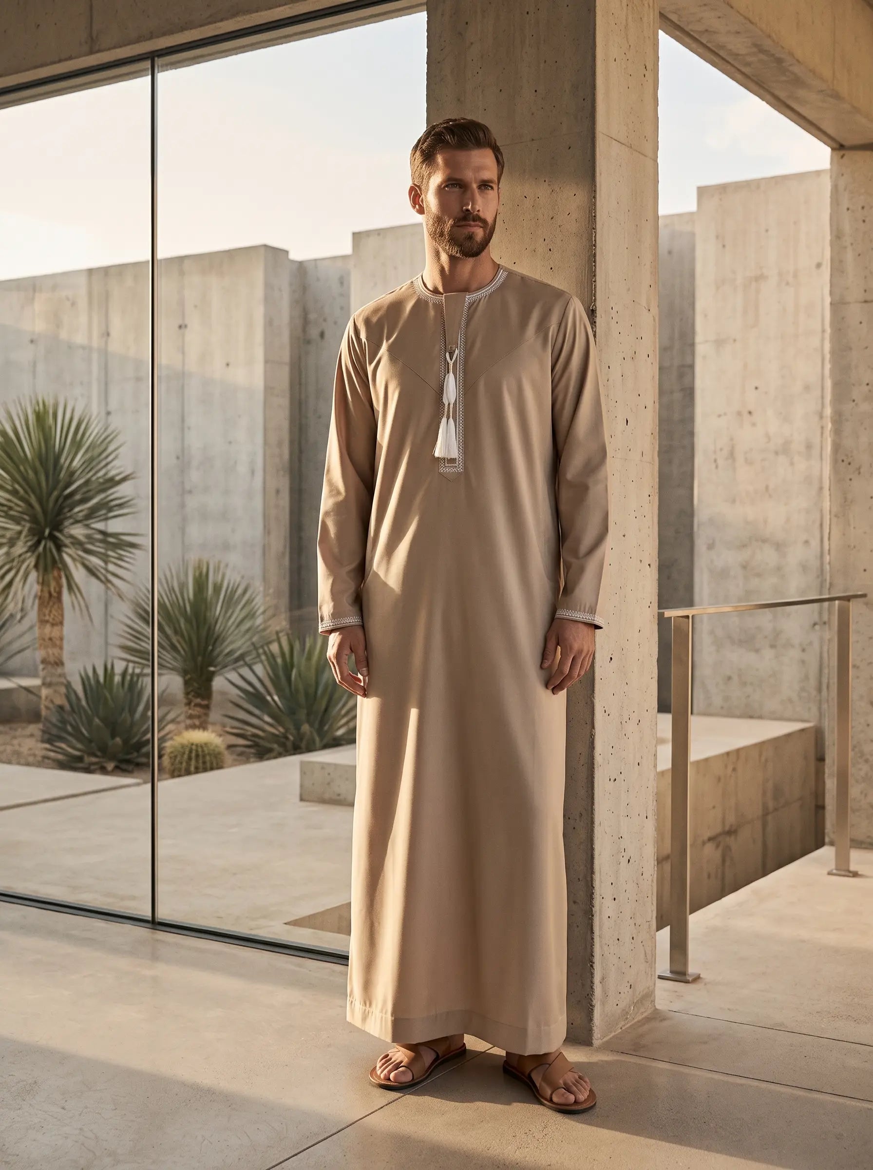Camel kids Emirati jubbah with white embroidery detail