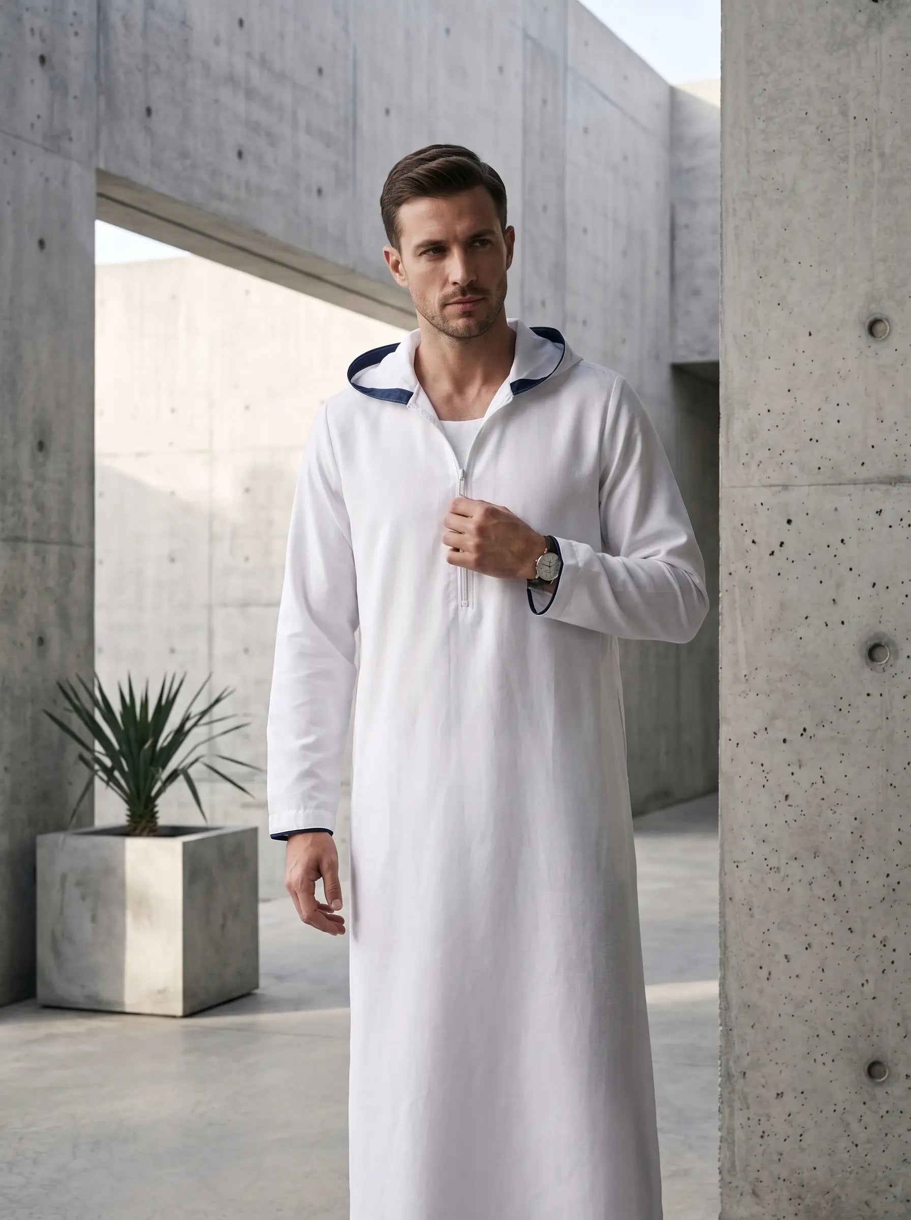 Premium White Hooded Sport Thobe with Half-Zip
