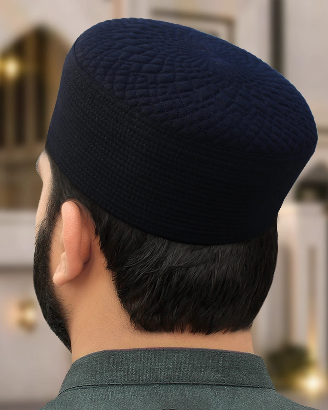 Navy Blue Best Muslim Cap with unique radial quilt texture and sharp profile.