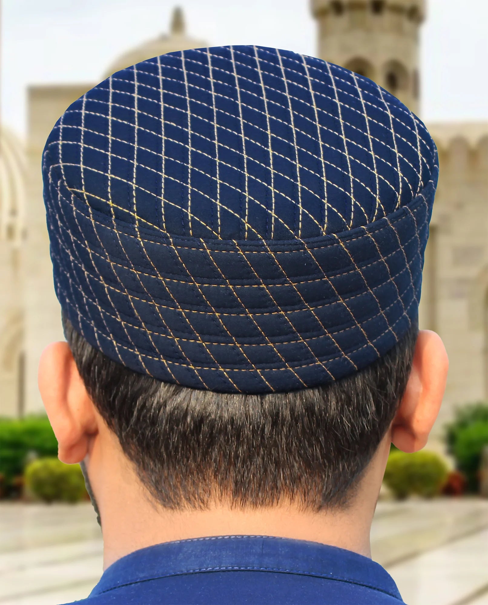 Navy Blue Premium Contrast Kufi with white stitching, ideal for sophisticated attire and structural integrity.