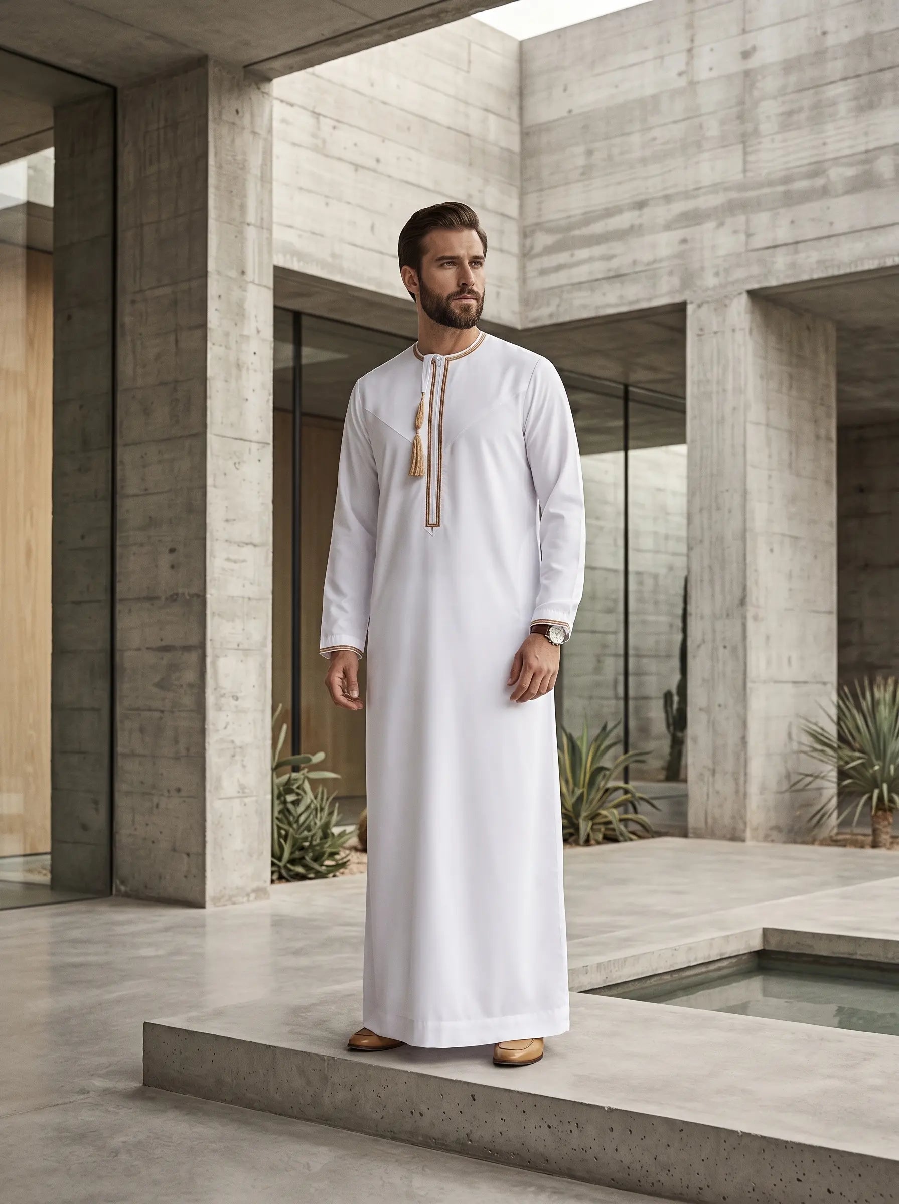 White kids Emirati jubbah gold embroidery detail