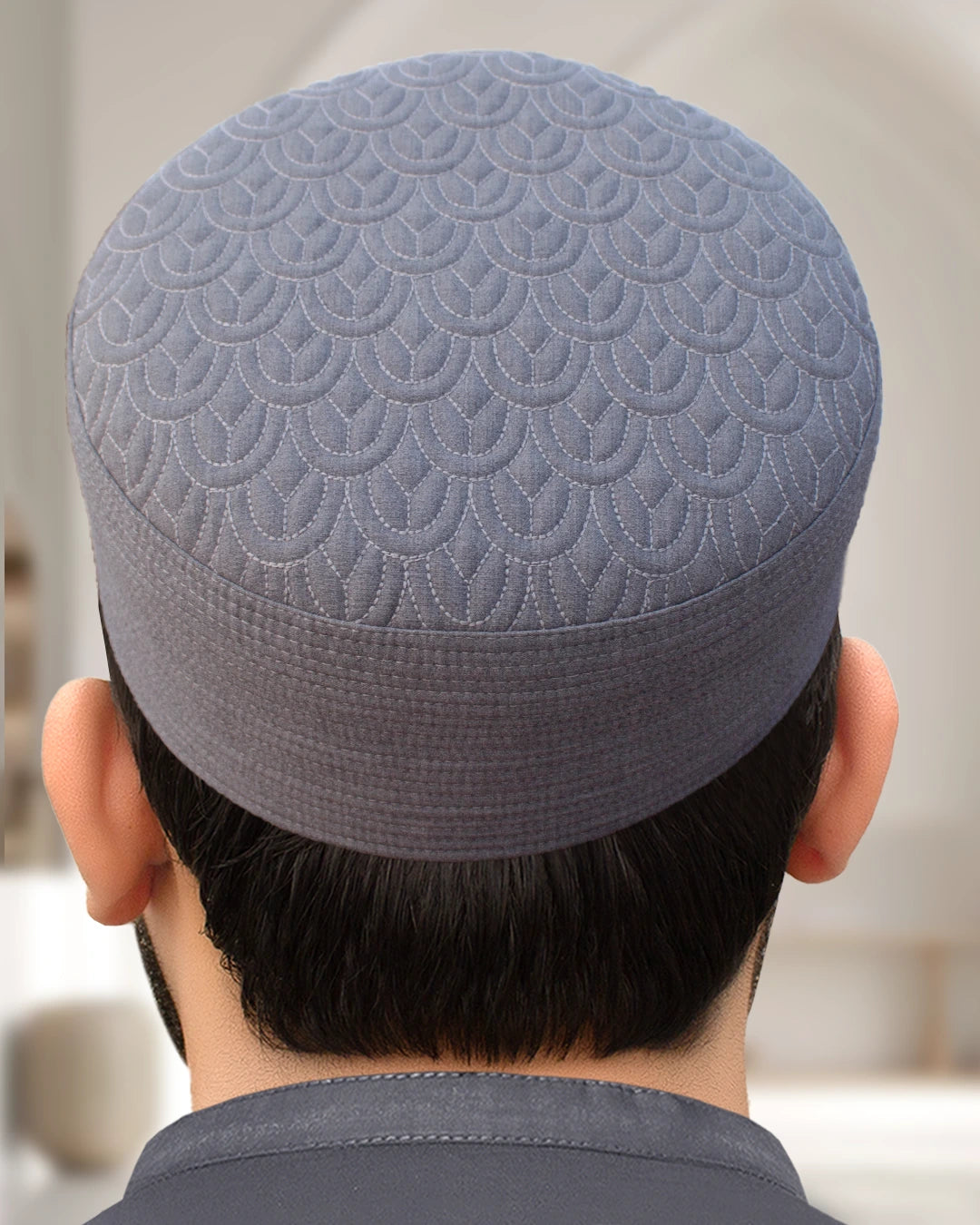 Storm Gray Muslim Prayer Cap, showcasing the premium quilted texture and durable non-shrinking quality.