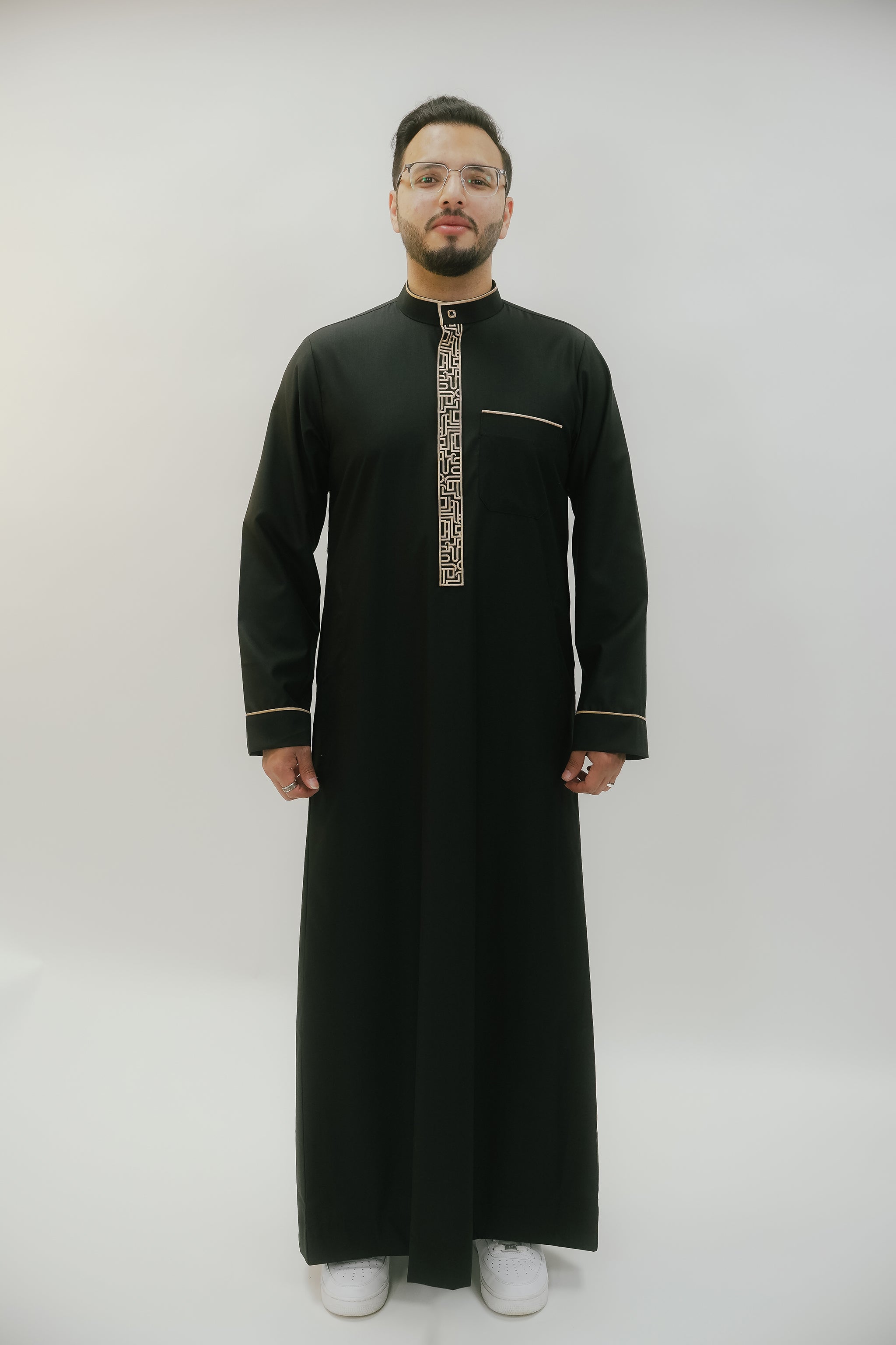 Men's Black & Gold Embroidered Thobe – Mandarin Collar