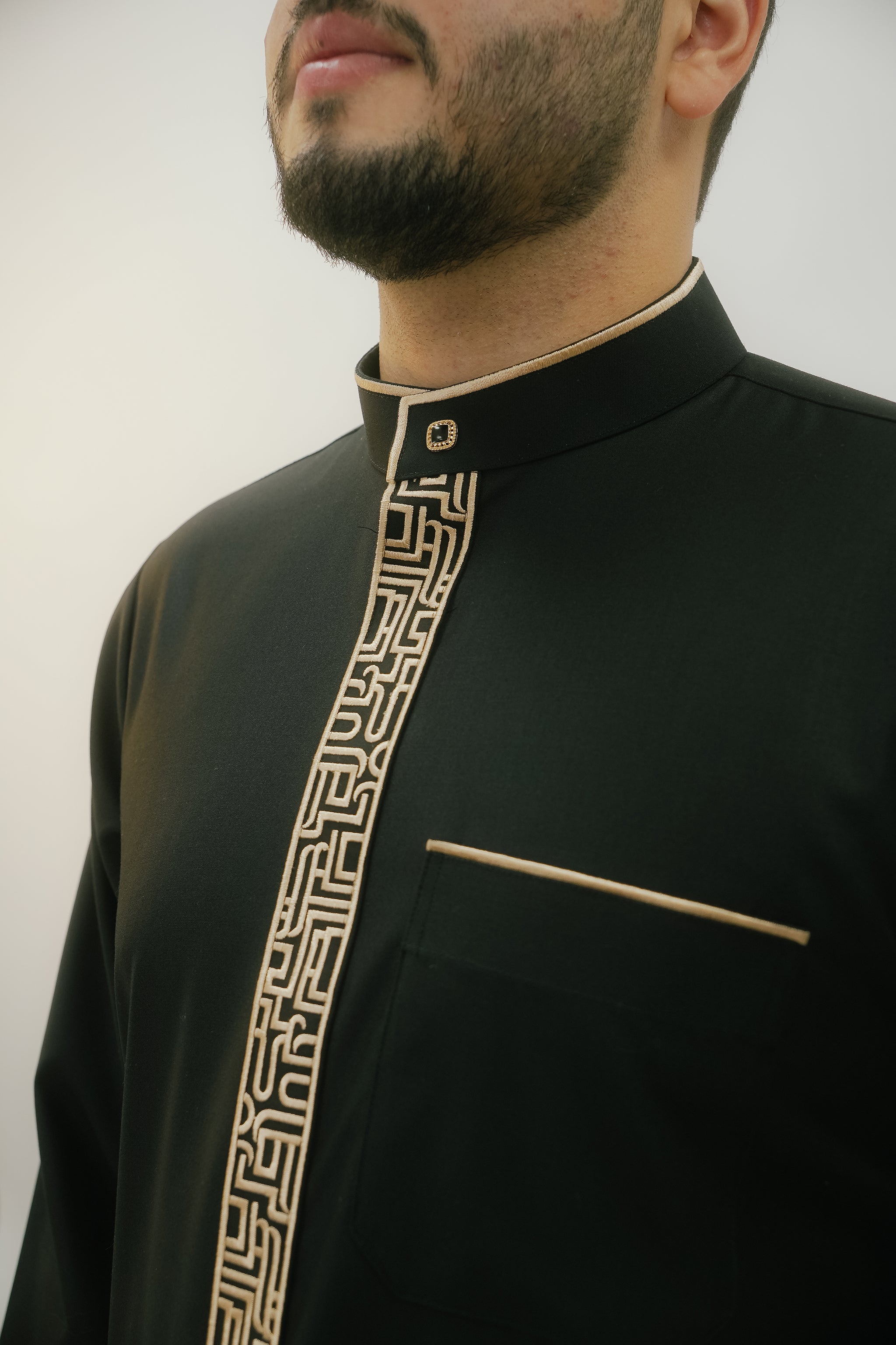 Men's Black & Gold Embroidered Thobe – Mandarin Collar