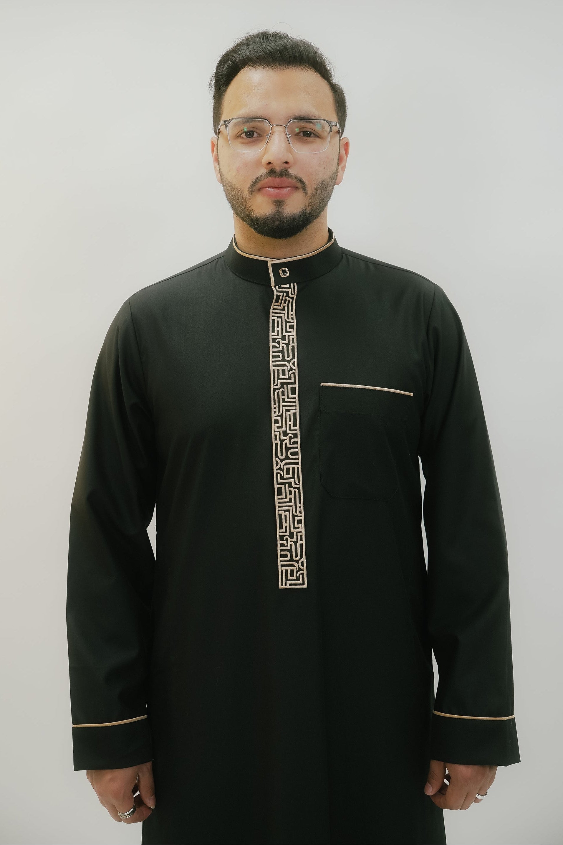 Men's Black & Gold Embroidered Thobe – Mandarin Collar