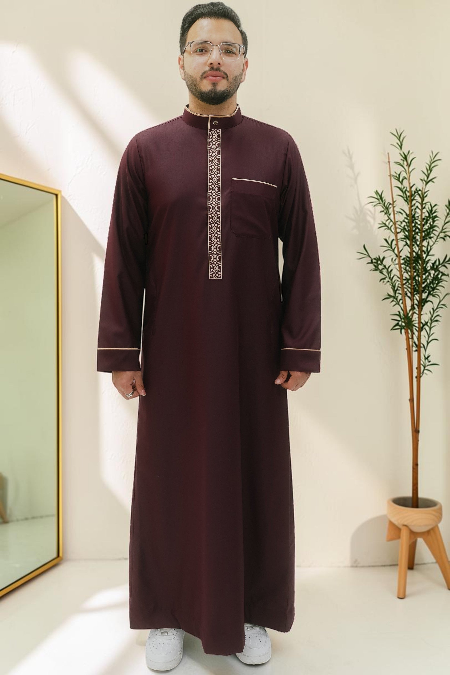 Maroon executive thobe with bronze embroidery for men, side profile view