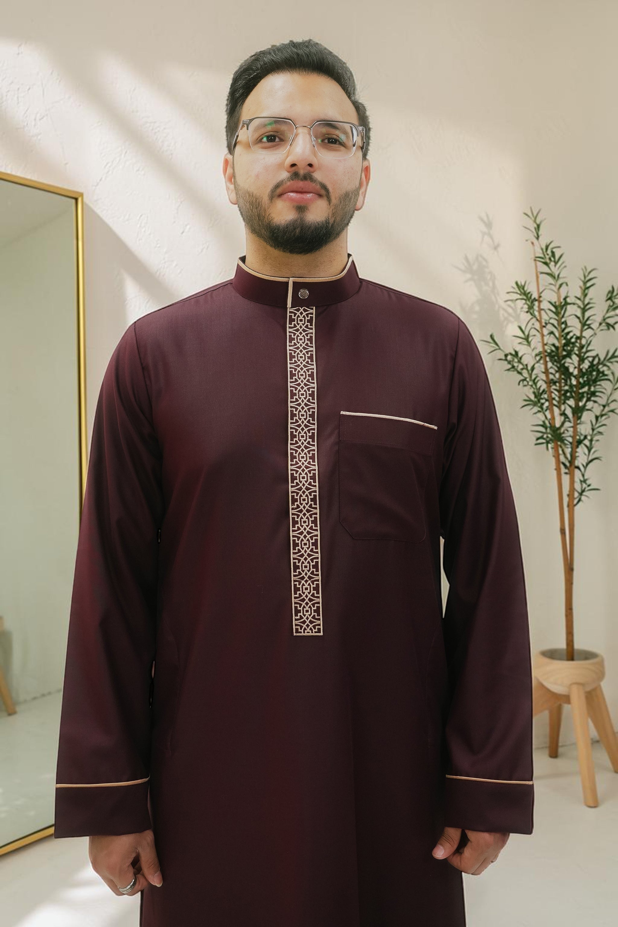 Maroon executive thobe with bronze embroidery for men, full front view