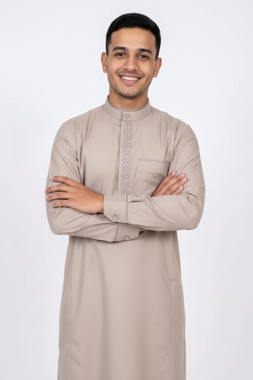 Warm Linen Geometric Embroidered Thobe | Men's Mandarin Collar Jubba